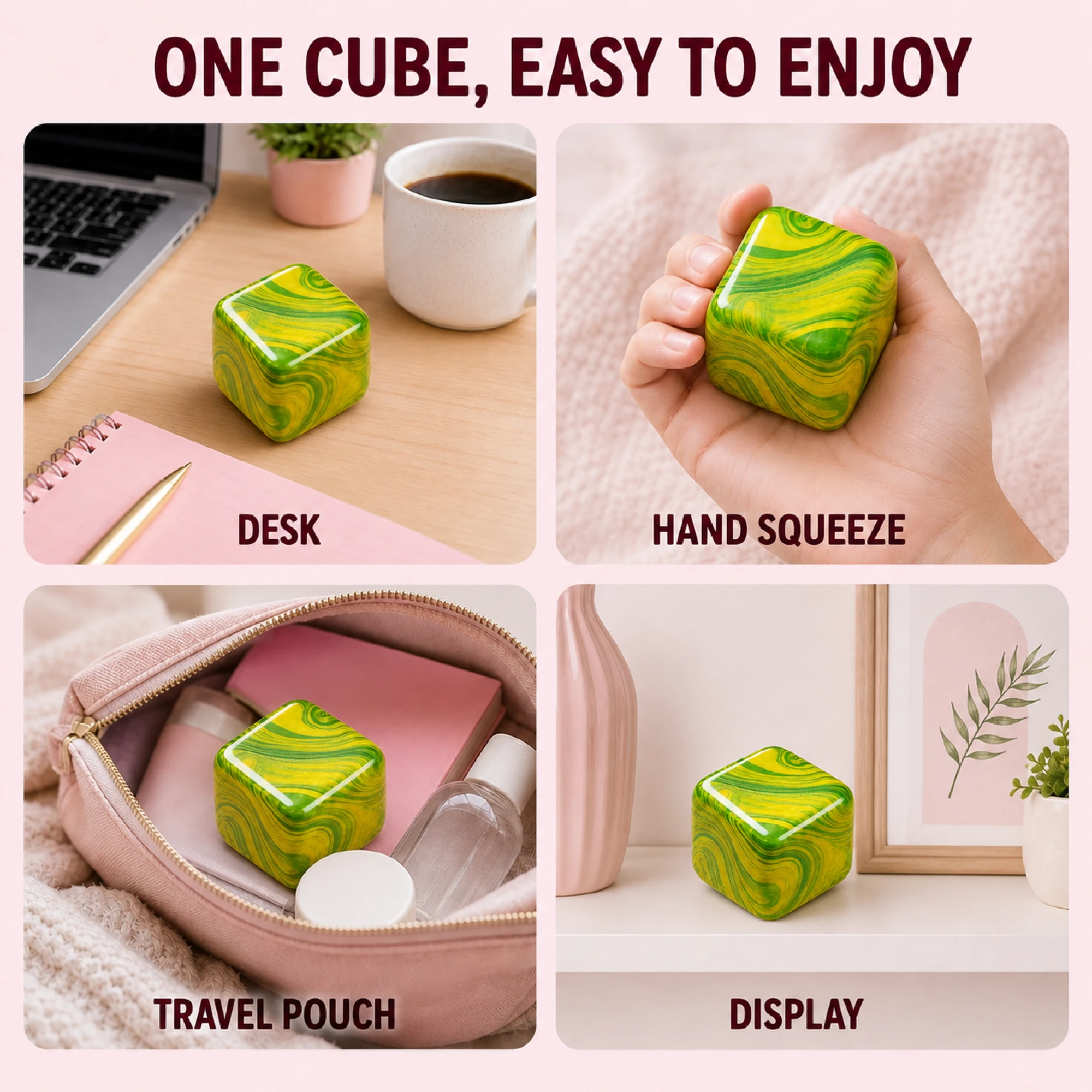 Green Fluid Swirl Cube shown on a desk in a hand by a travel pouch and on display