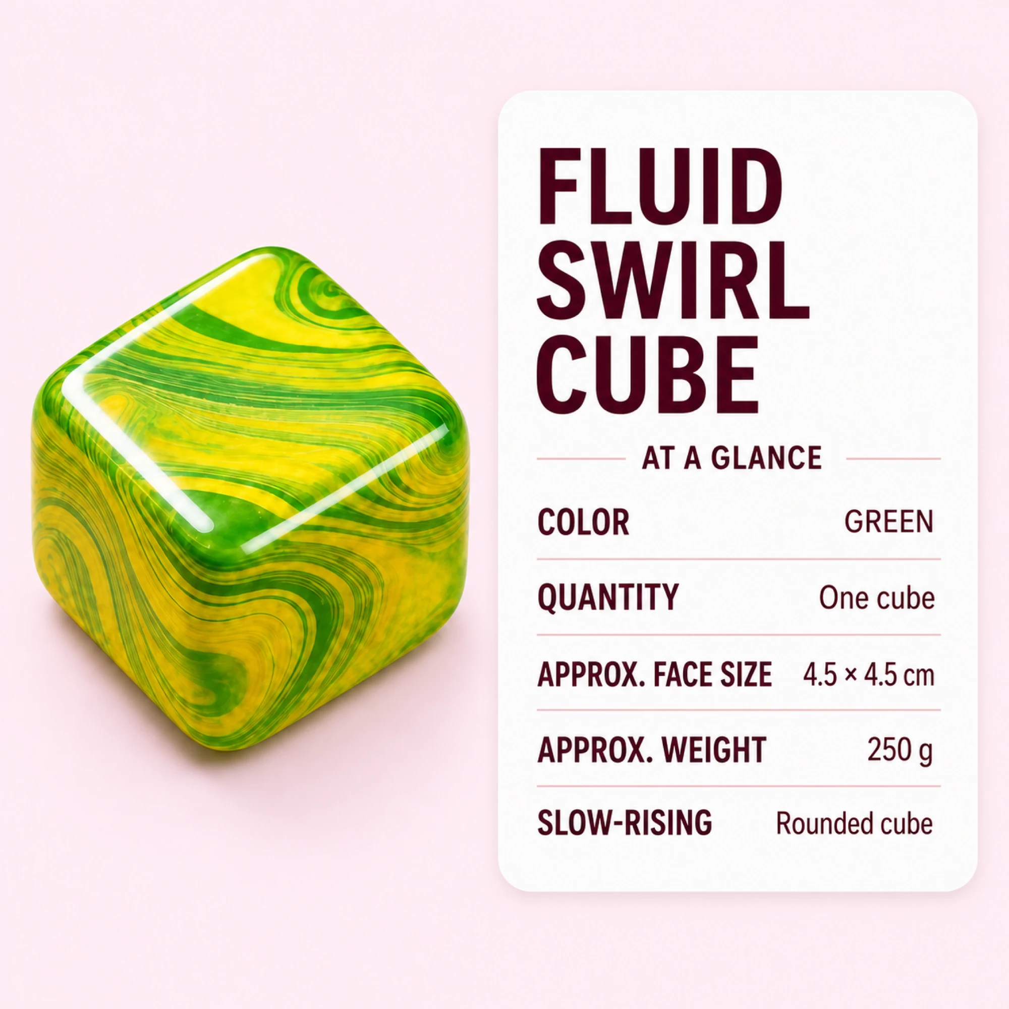 Green Fluid Swirl Cube color quantity face size weight and slow-rising specification card