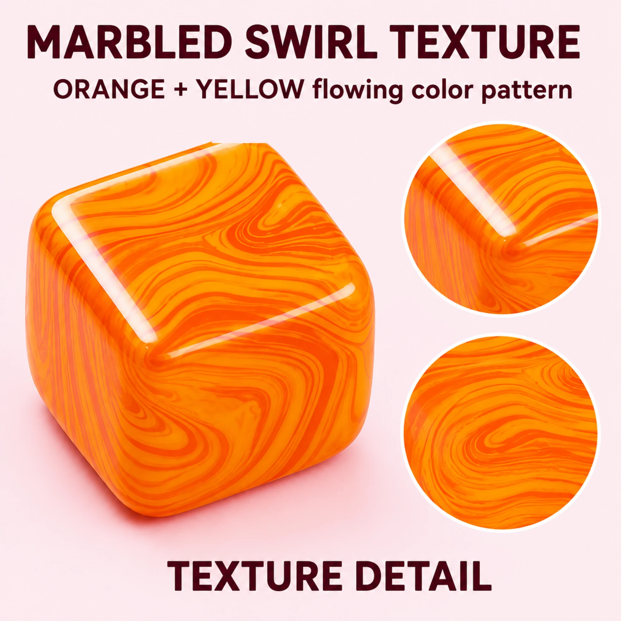 Orange and yellow Fluid Swirl Cube marbled texture close-ups