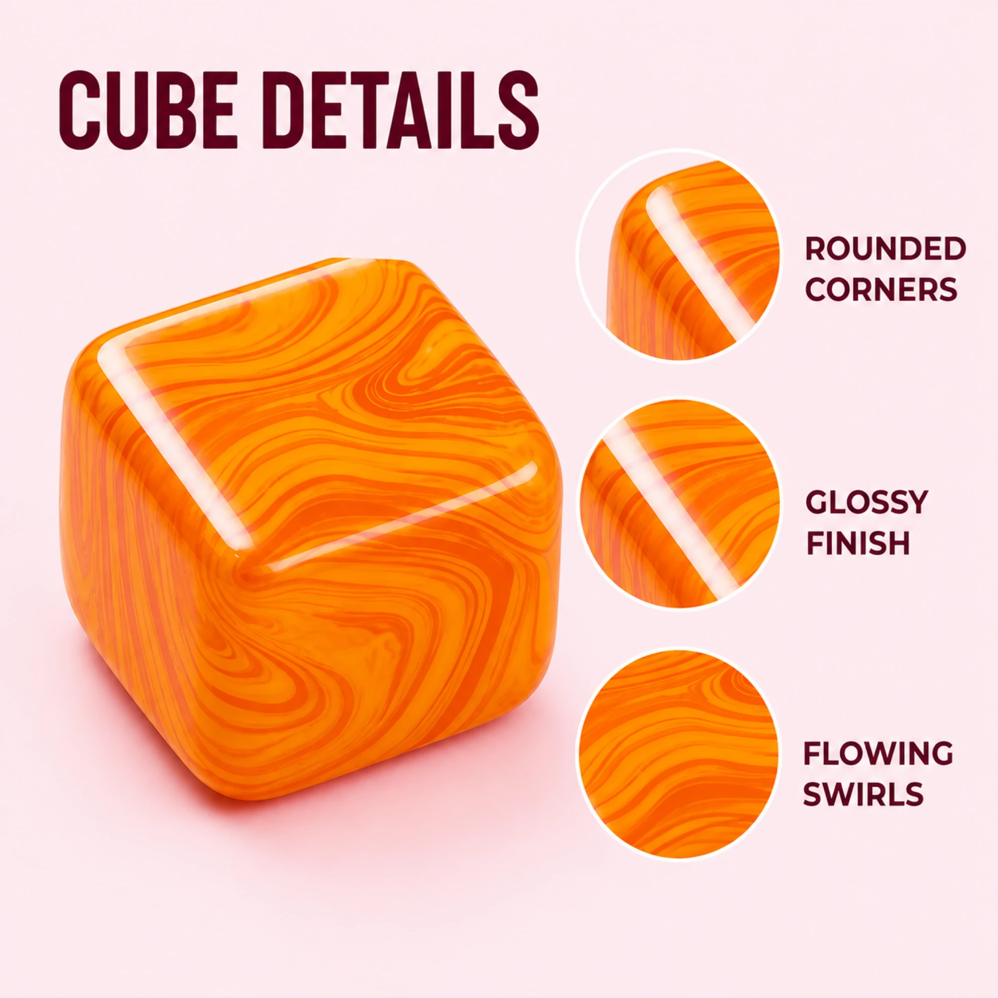 Orange Fluid Swirl Cube rounded corners glossy finish and flowing swirl details