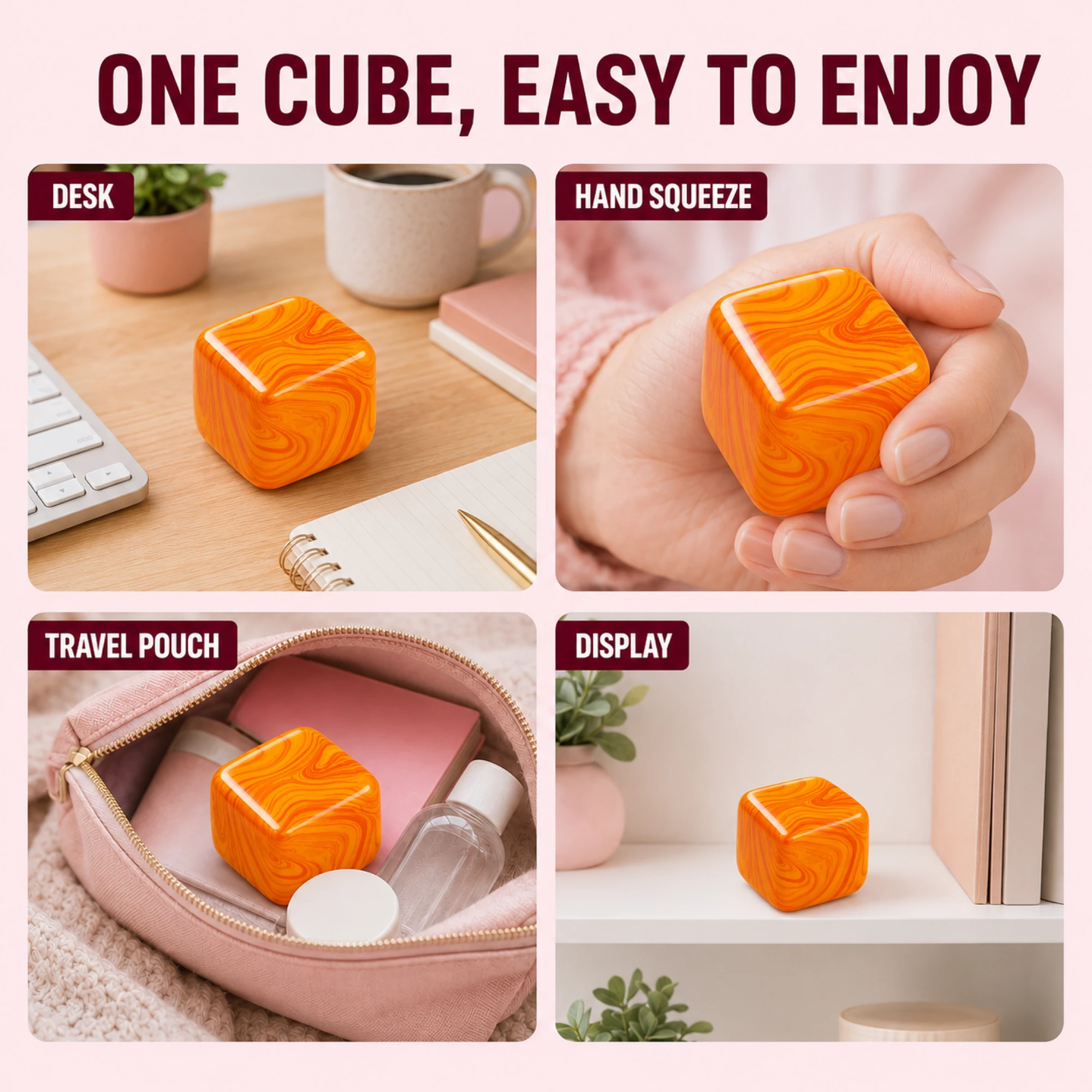 Orange Fluid Swirl Cube shown on a desk in a hand by a travel pouch and on display