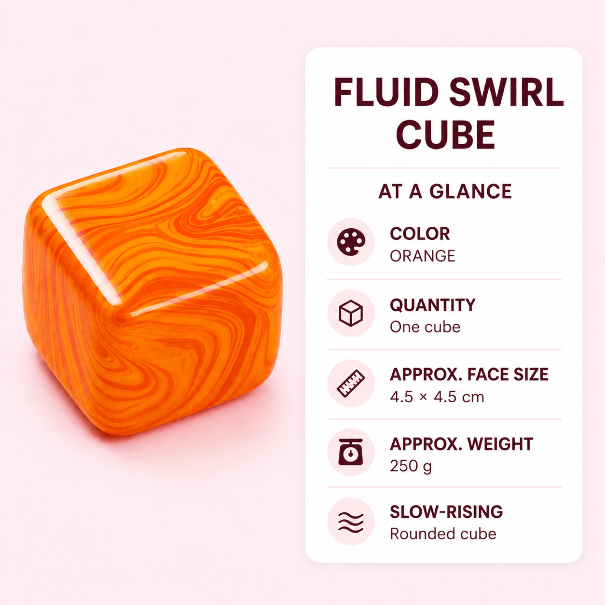 Orange Fluid Swirl Cube color quantity face size weight and slow-rising specification card