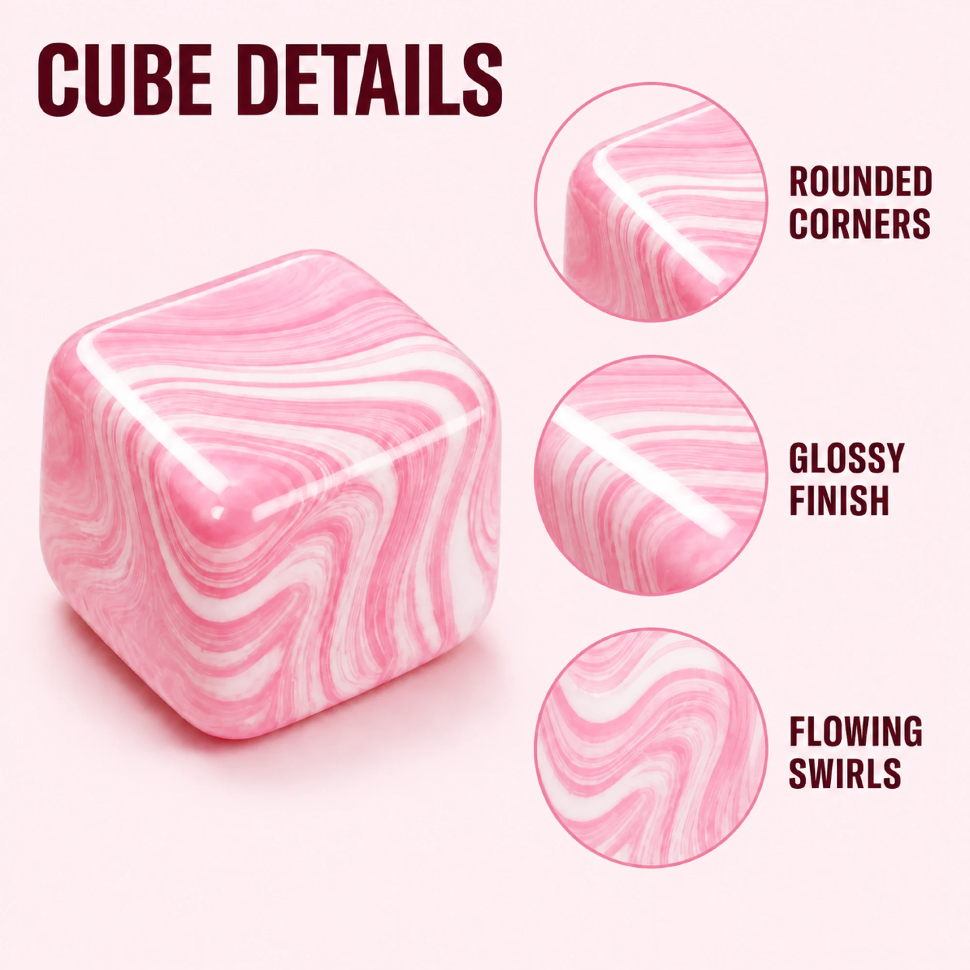 Pink Fluid Swirl Cube rounded corners glossy finish and flowing swirl details