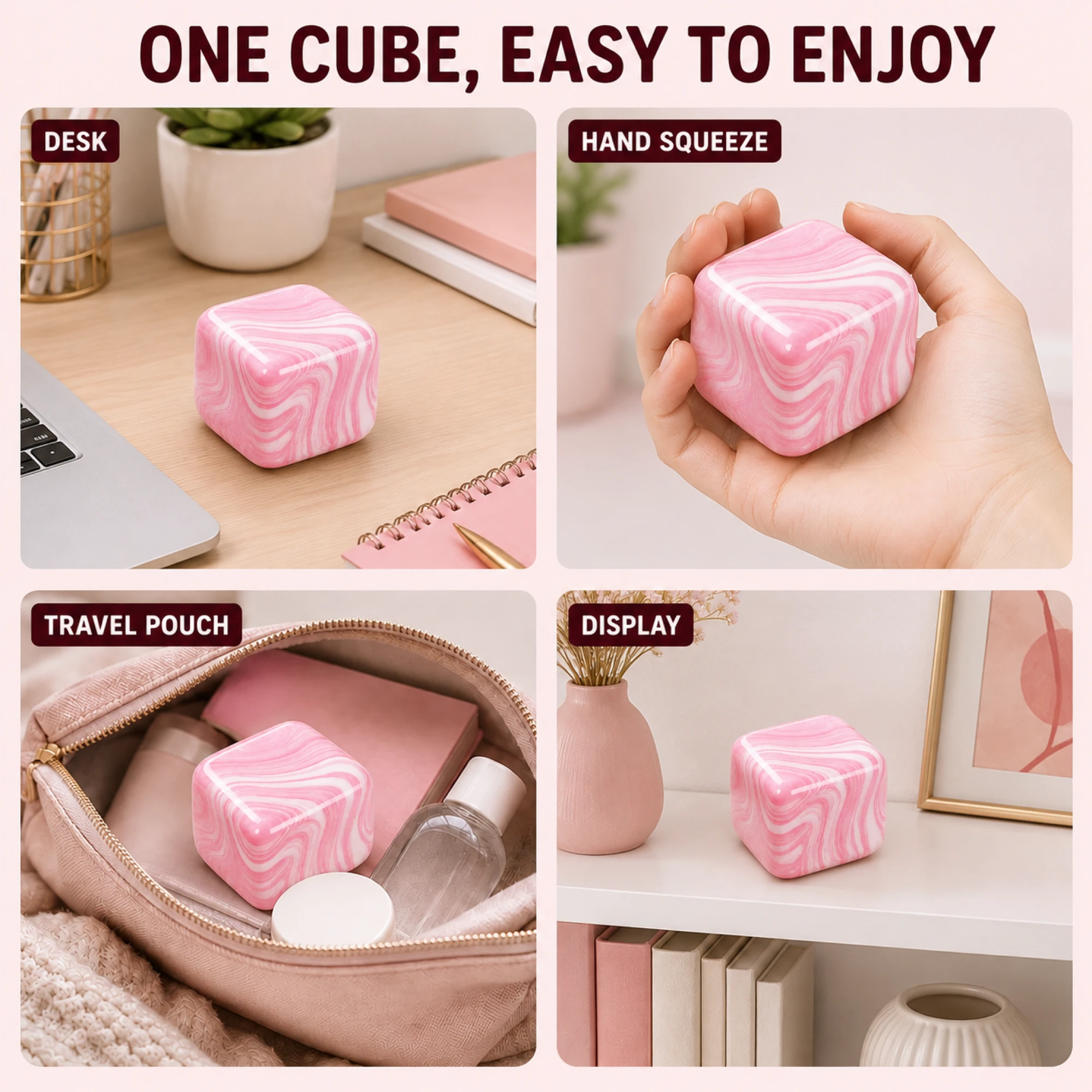 Pink Fluid Swirl Cube shown on a desk in a hand by a travel pouch and on display