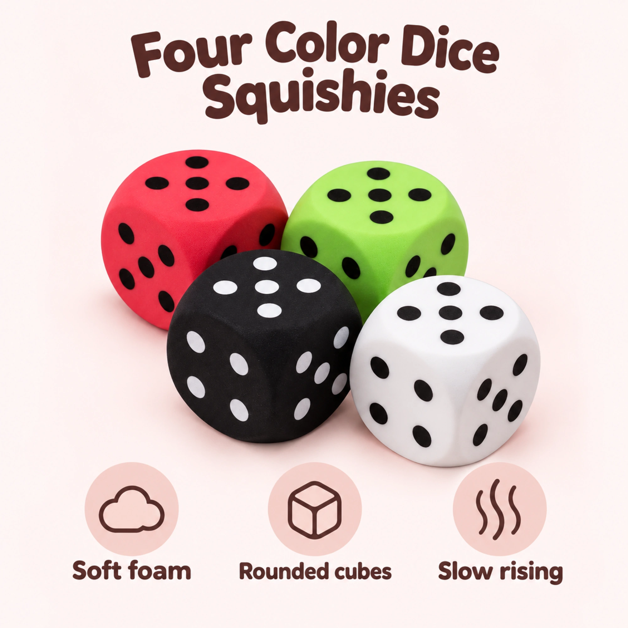 4 Color Dice Squishy Pack, Kawaii Foam Stress Relief Dice Cubes — alternate view