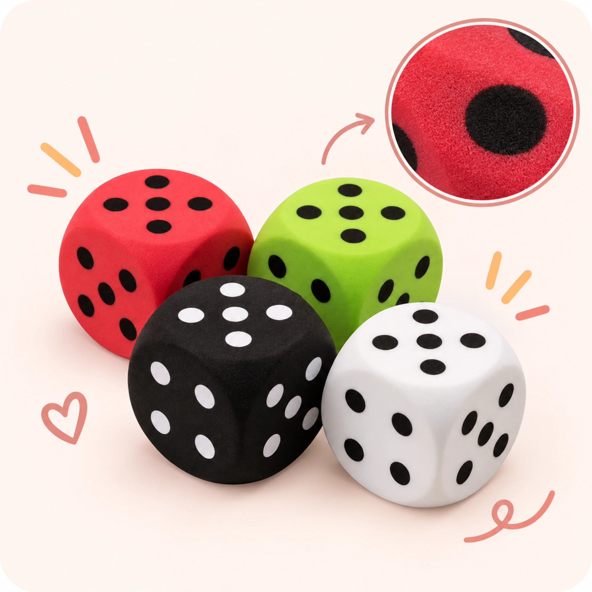 4 Color Dice Squishy Pack, Kawaii Foam Stress Relief Dice Cubes — details