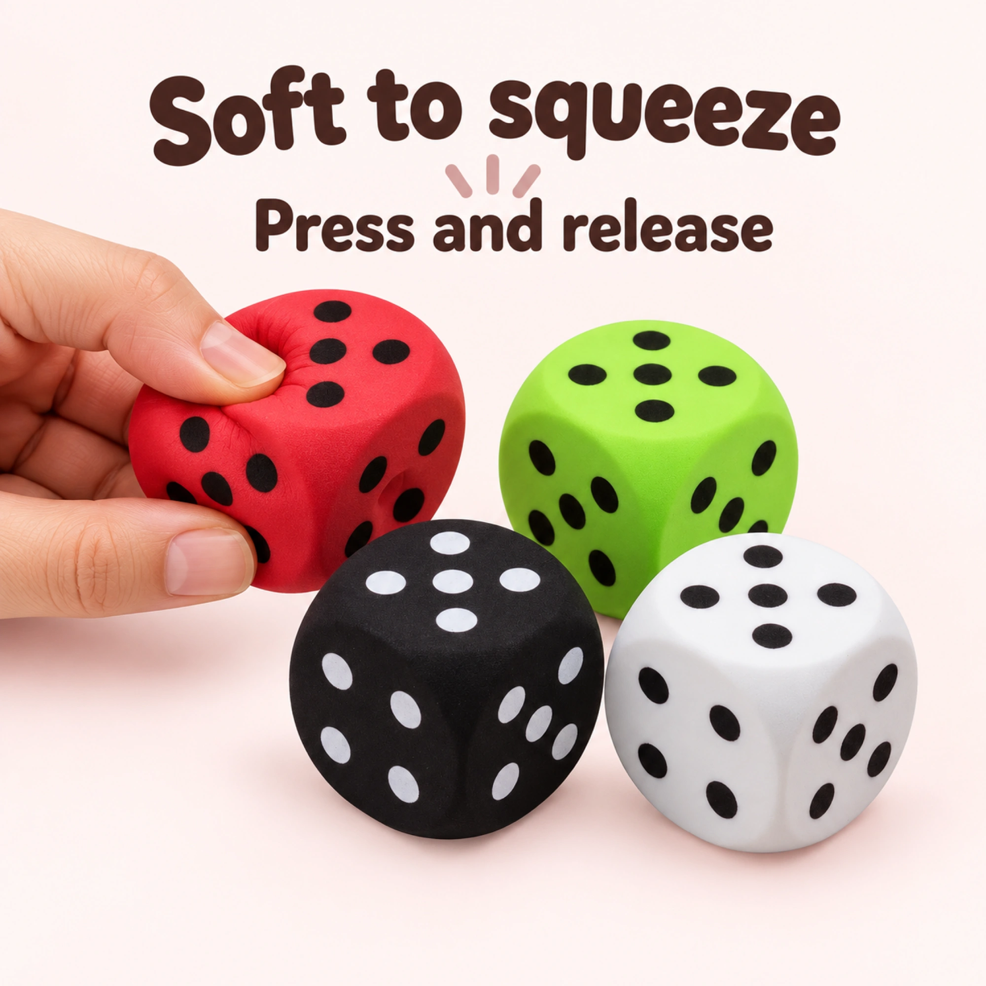 4 Color Dice Squishy Pack, Kawaii Foam Stress Relief Dice Cubes — inside
