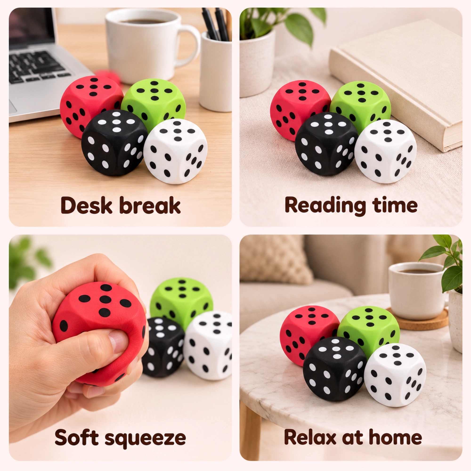 4 Color Dice Squishy Pack, Kawaii Foam Stress Relief Dice Cubes — lifestyle