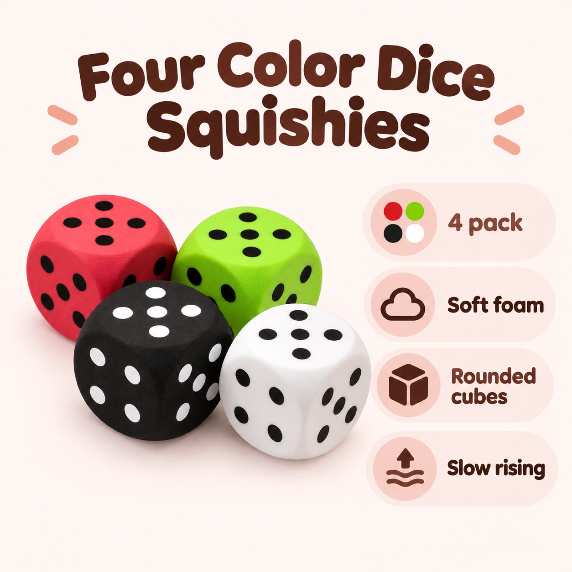 4 Color Dice Squishy Pack, Kawaii Foam Stress Relief Dice Cubes — spec