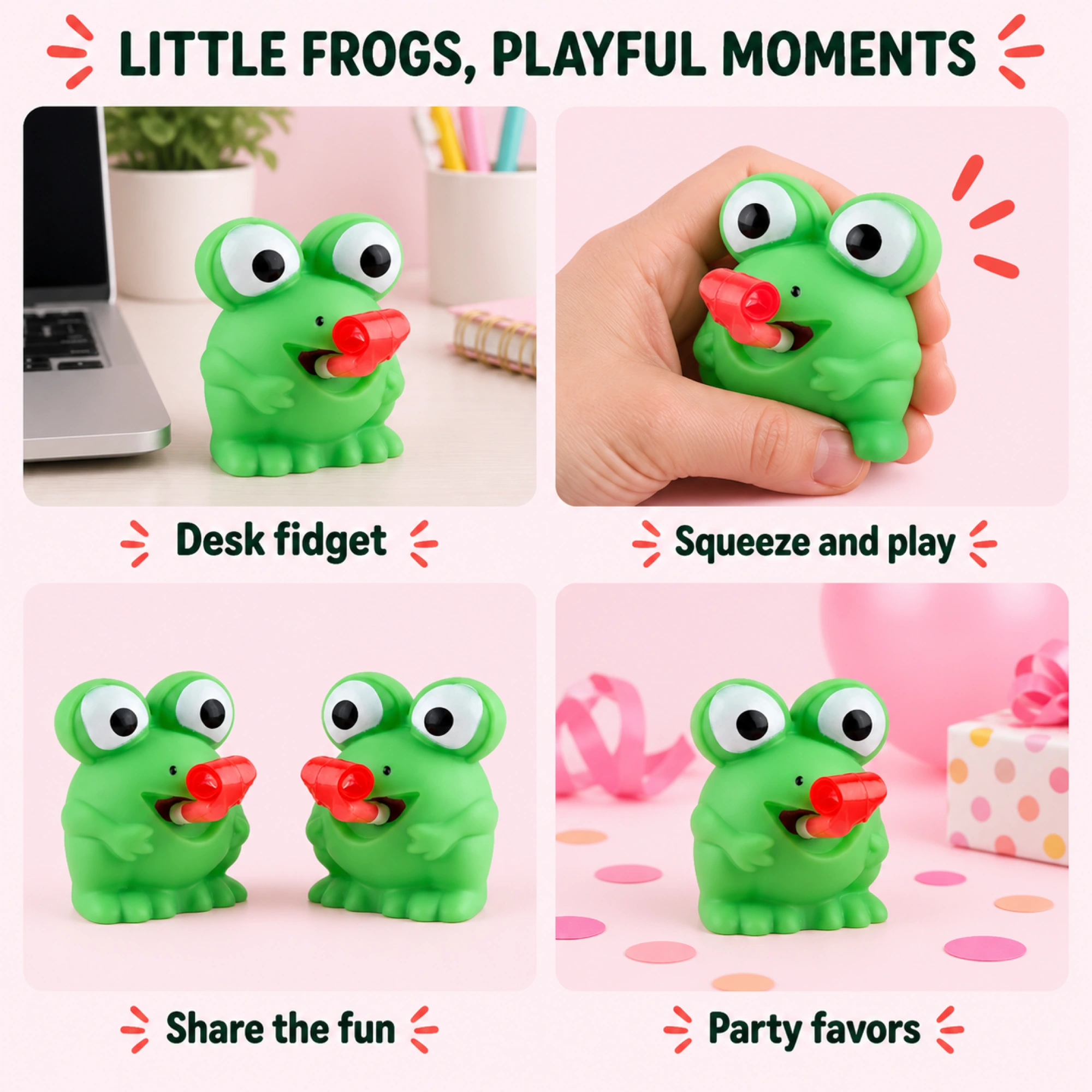Green frog squeeze toy duo — lifestyle