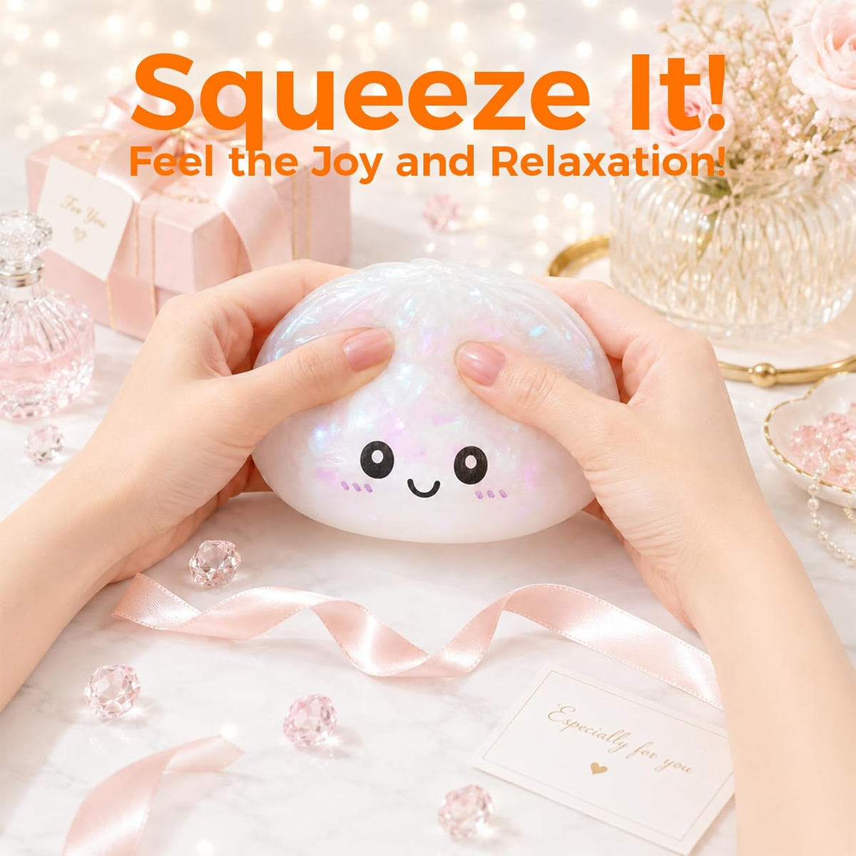 Squeeze the squishy dumpling stress ball to feel joy and relaxation