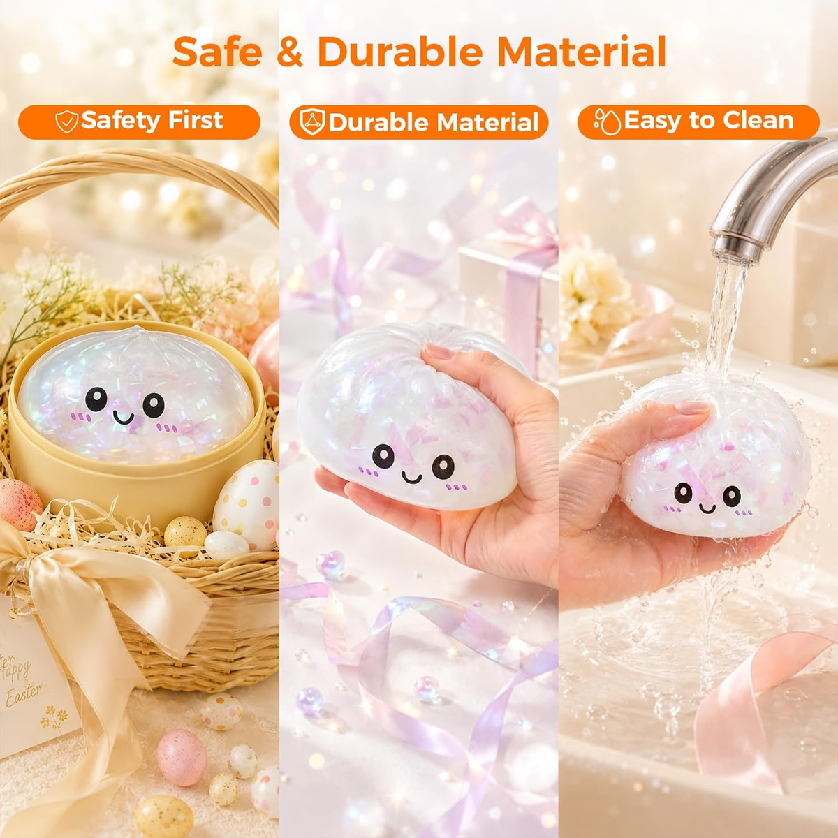 Safe and durable squishy material, easy to clean under water
