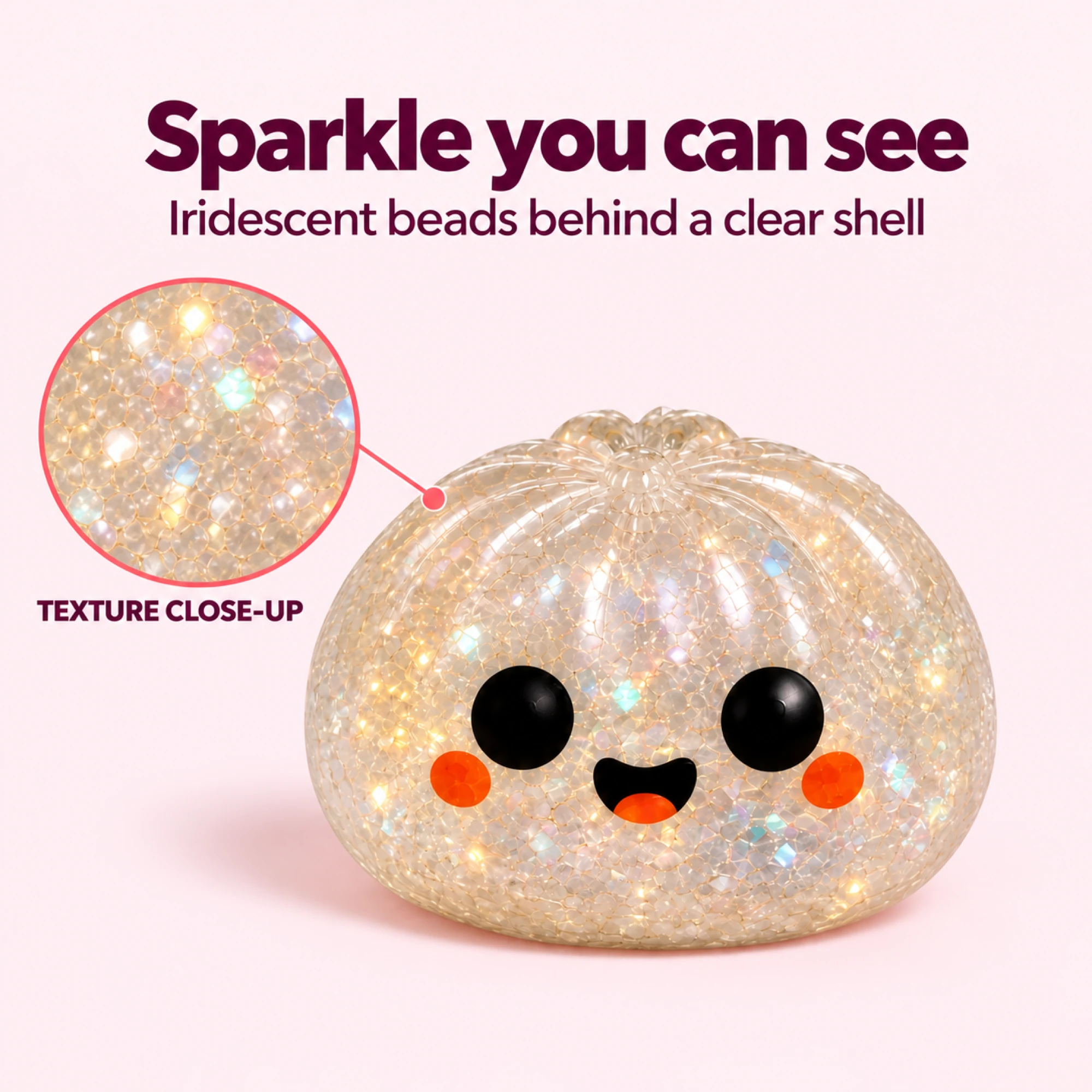 Close-up of iridescent beads through the clear shell