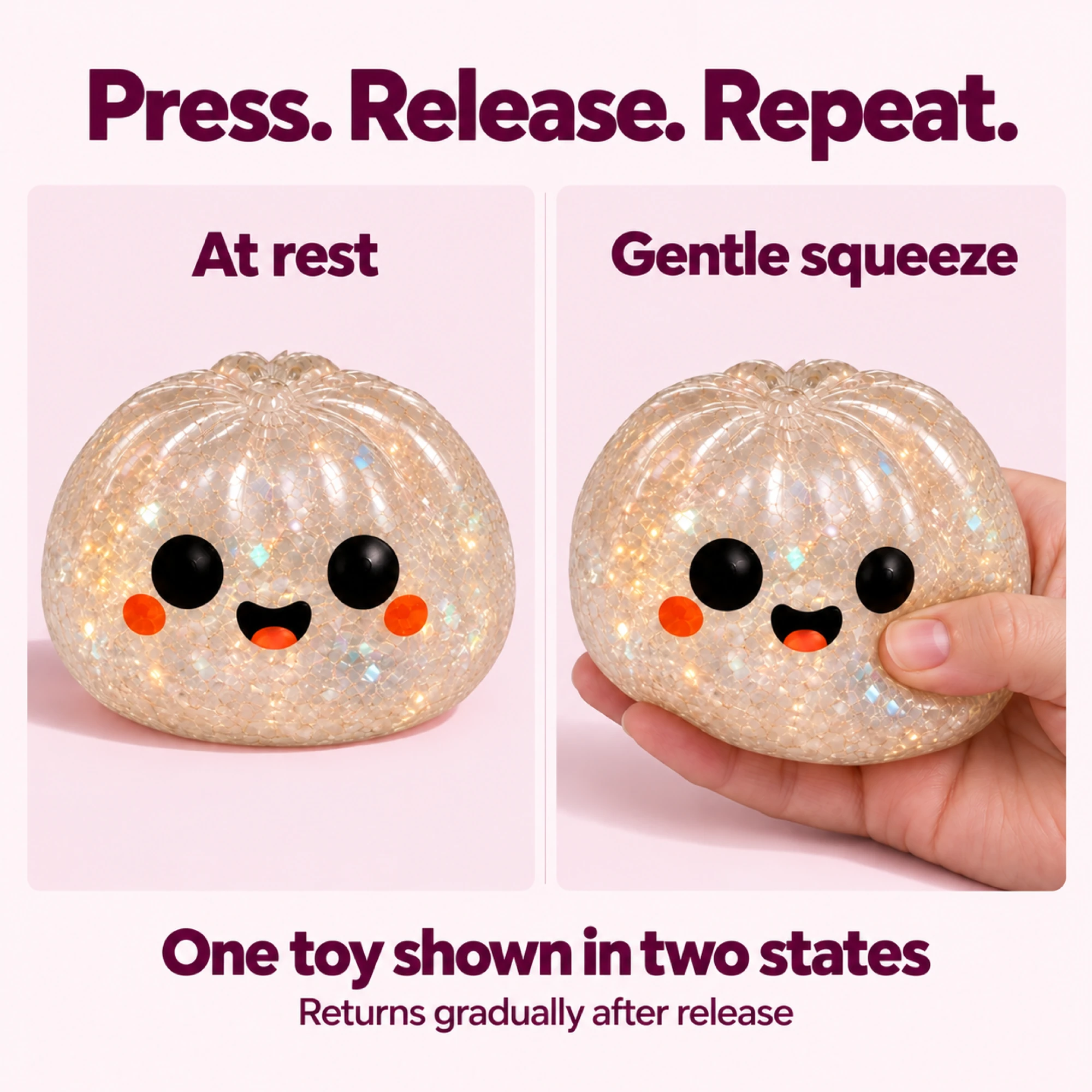 One glitter ghost toy at rest and during a gentle squeeze