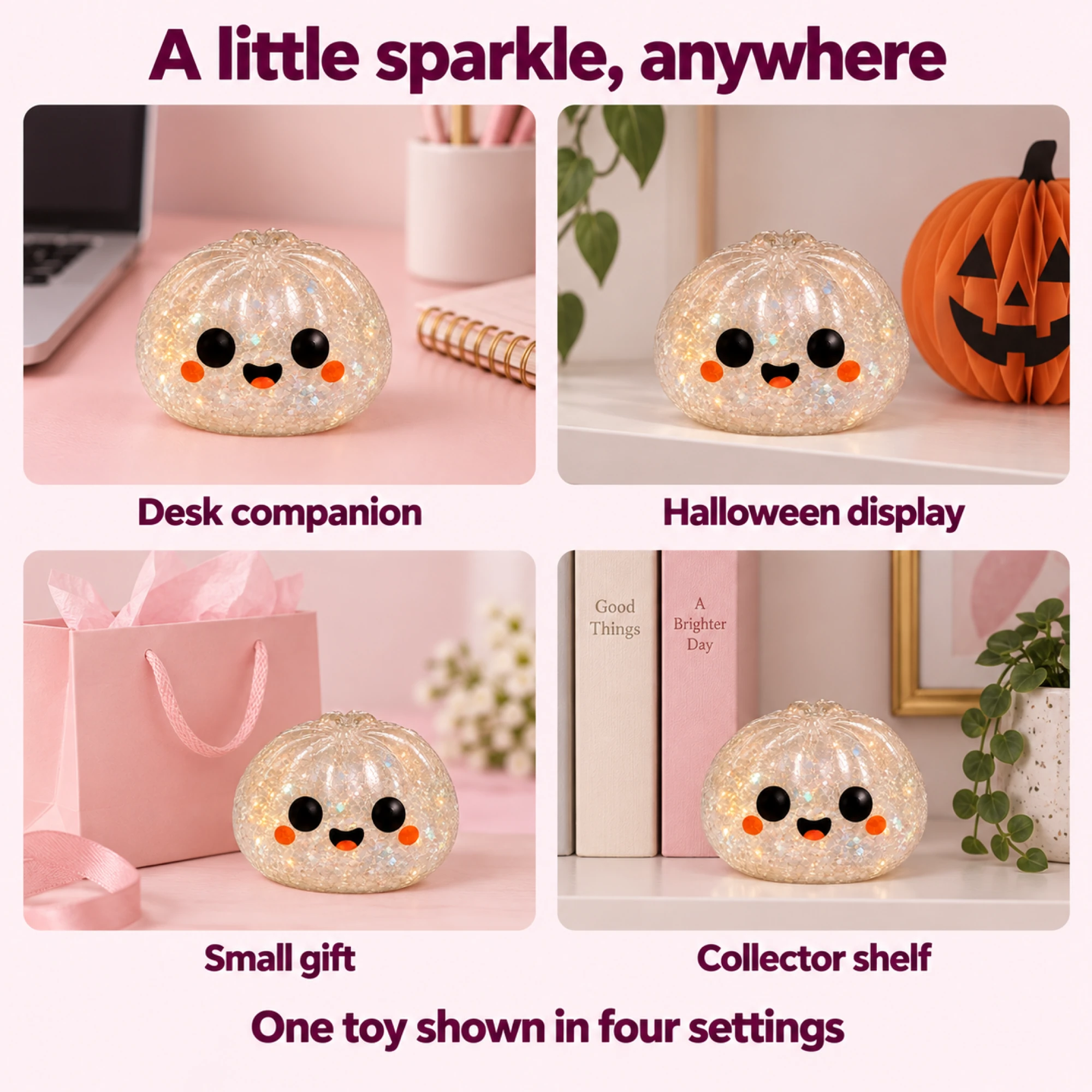 Glitter ghost as a desk companion, Halloween display, small gift and shelf decoration