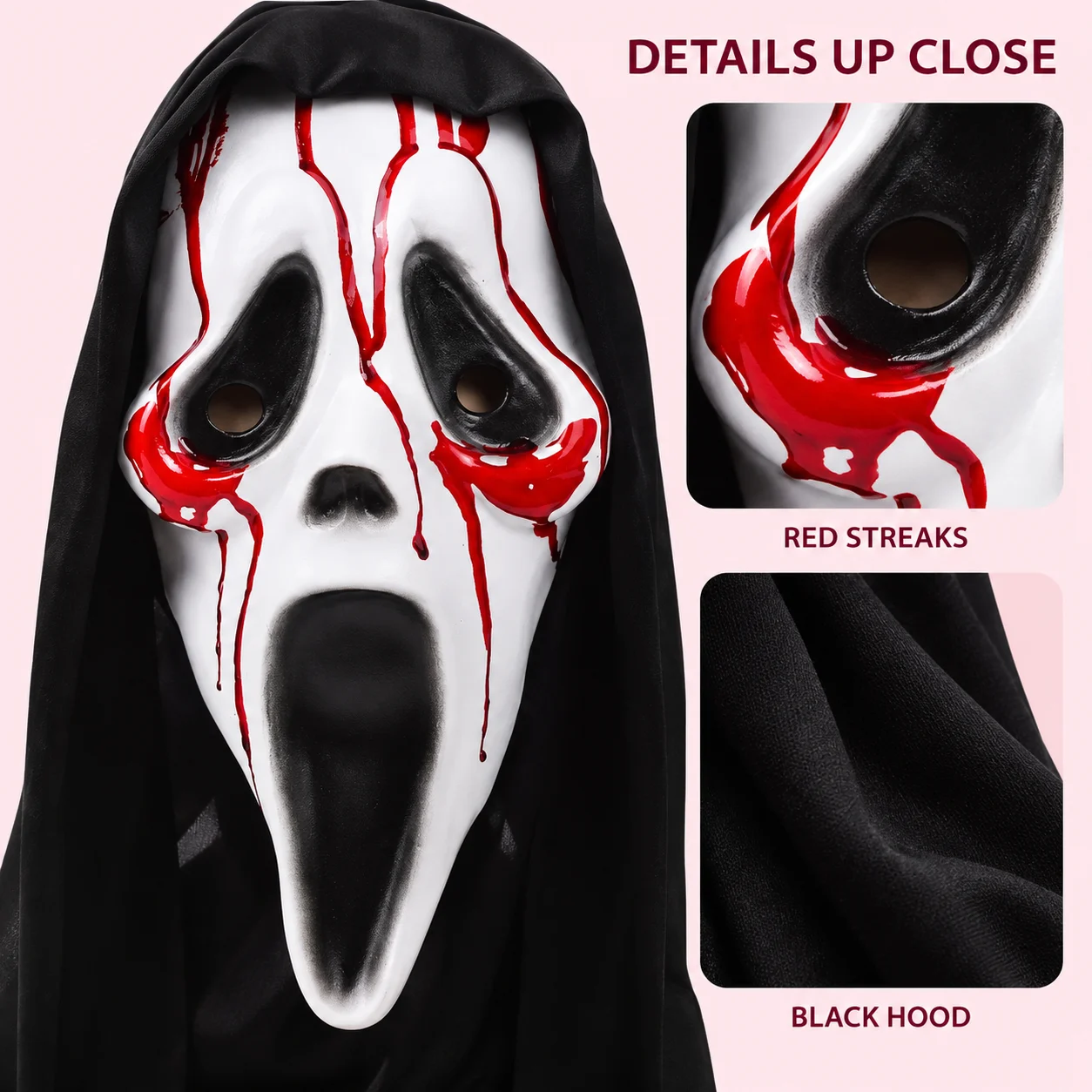 Close-up of the mask red streaks and black fabric hood
