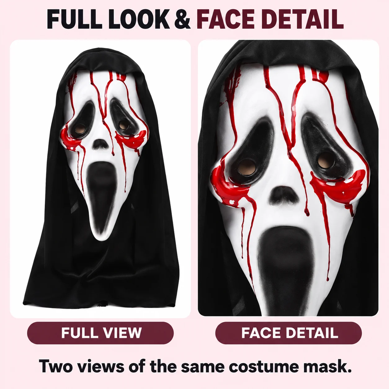 Full view and face detail of the same costume mask