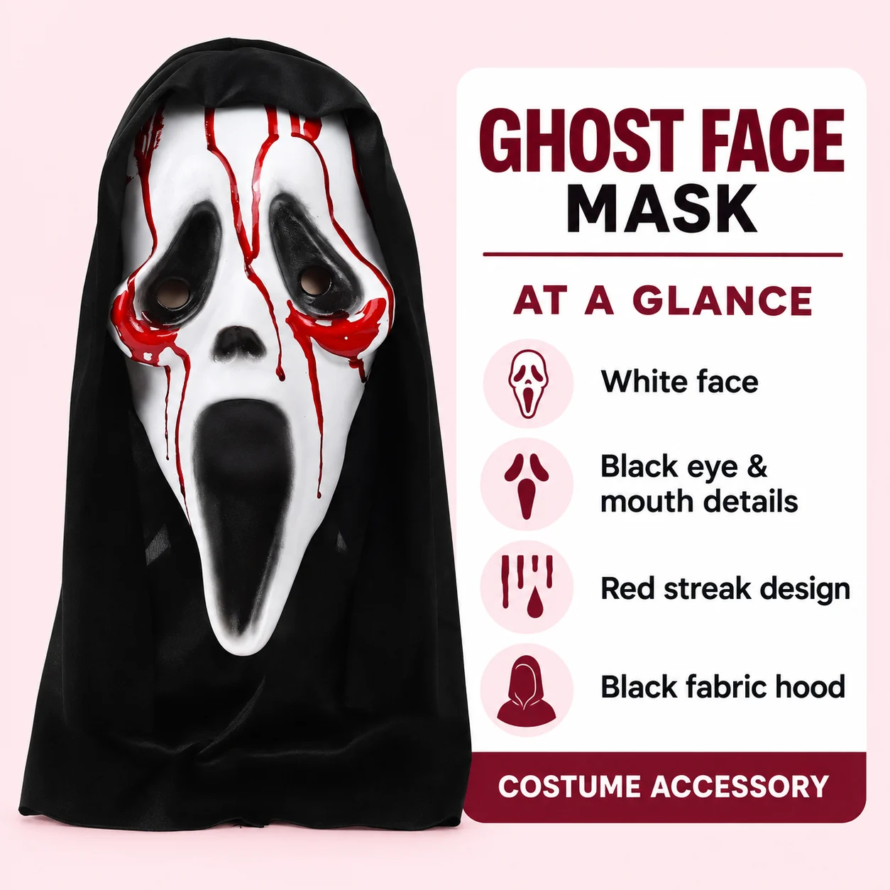Ghost face mask visual details and costume accessory information