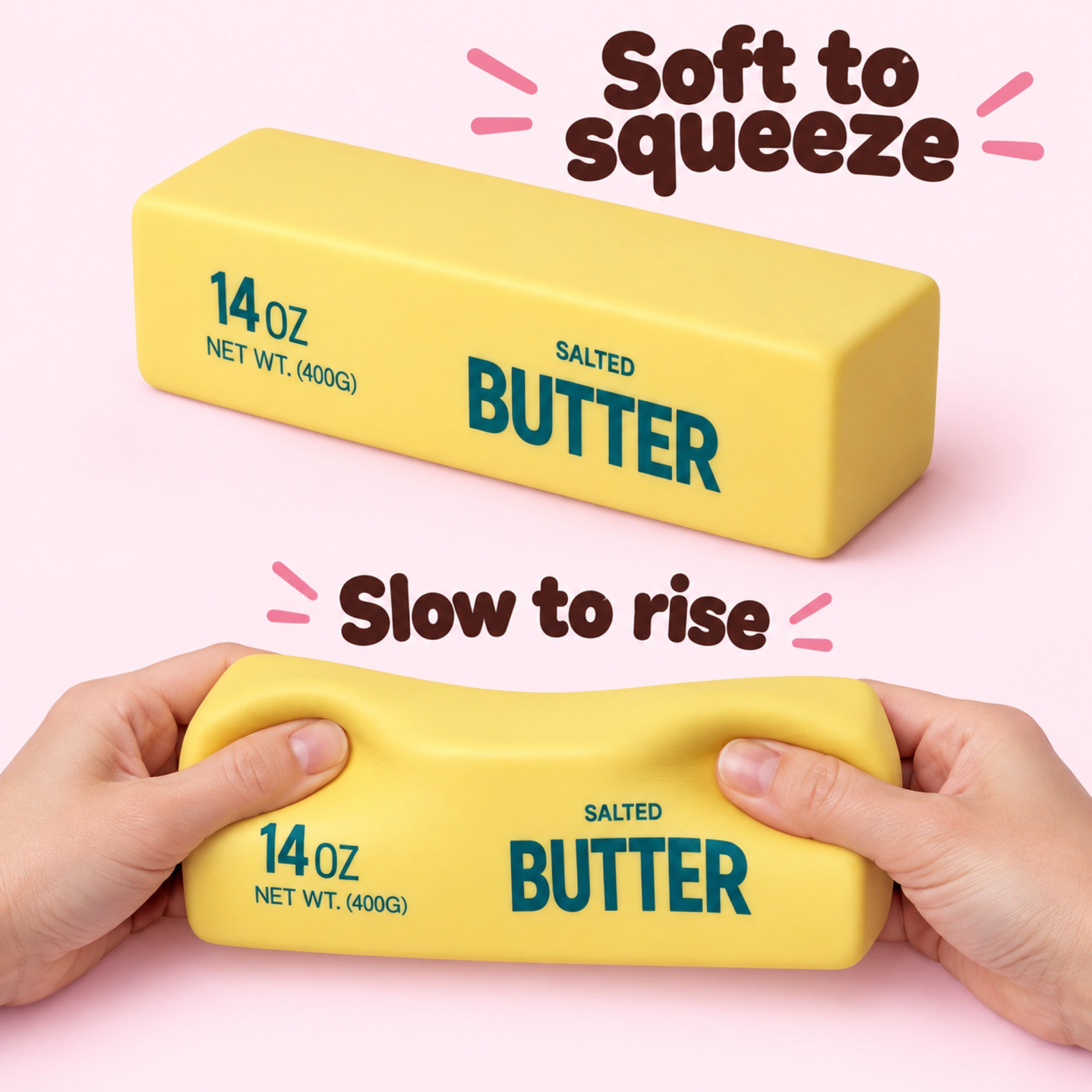 Giant Butter Squishy — Hefty Two-Hand Slab of Foam — comparison