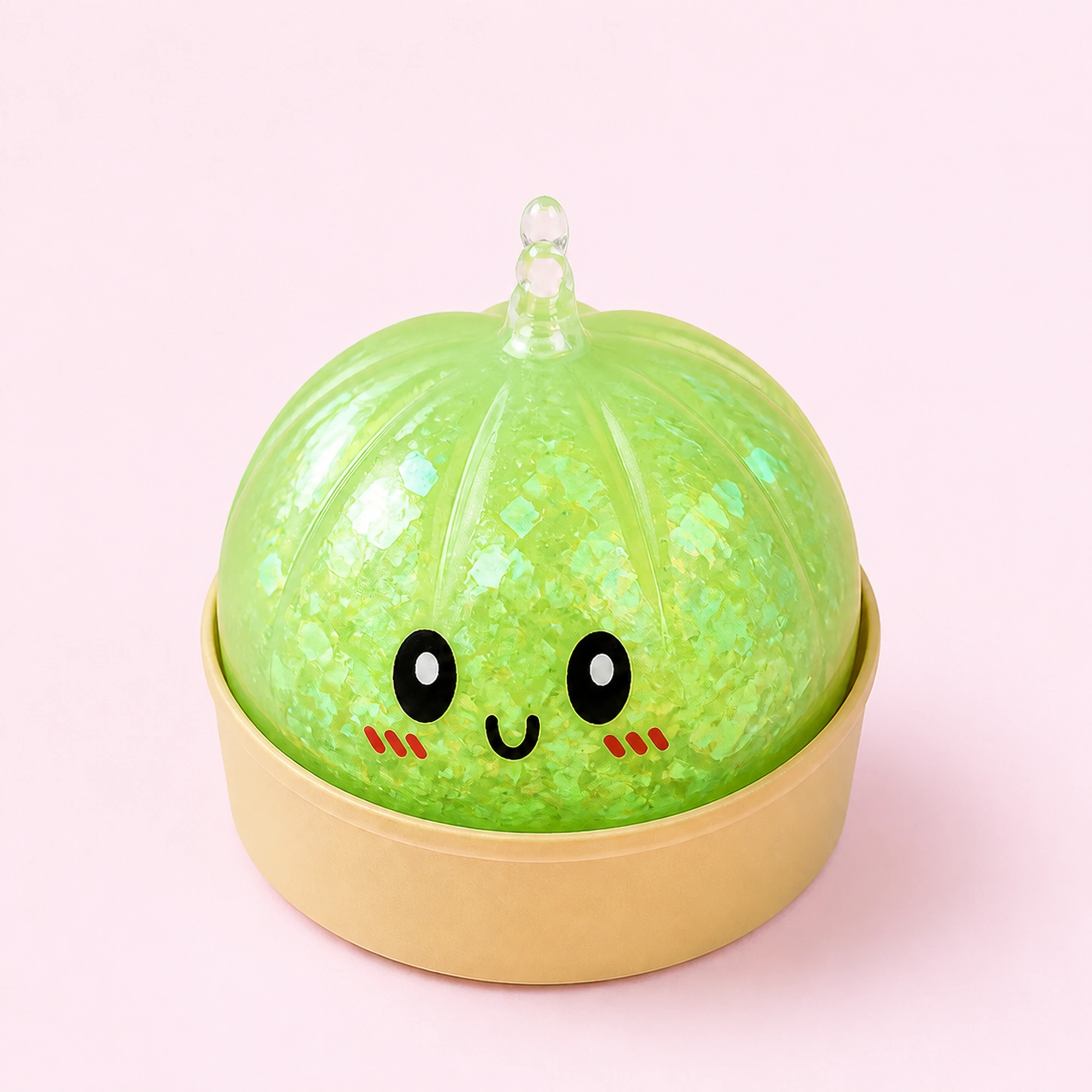 Green glitter dumpling squishy main image on a pale pink background