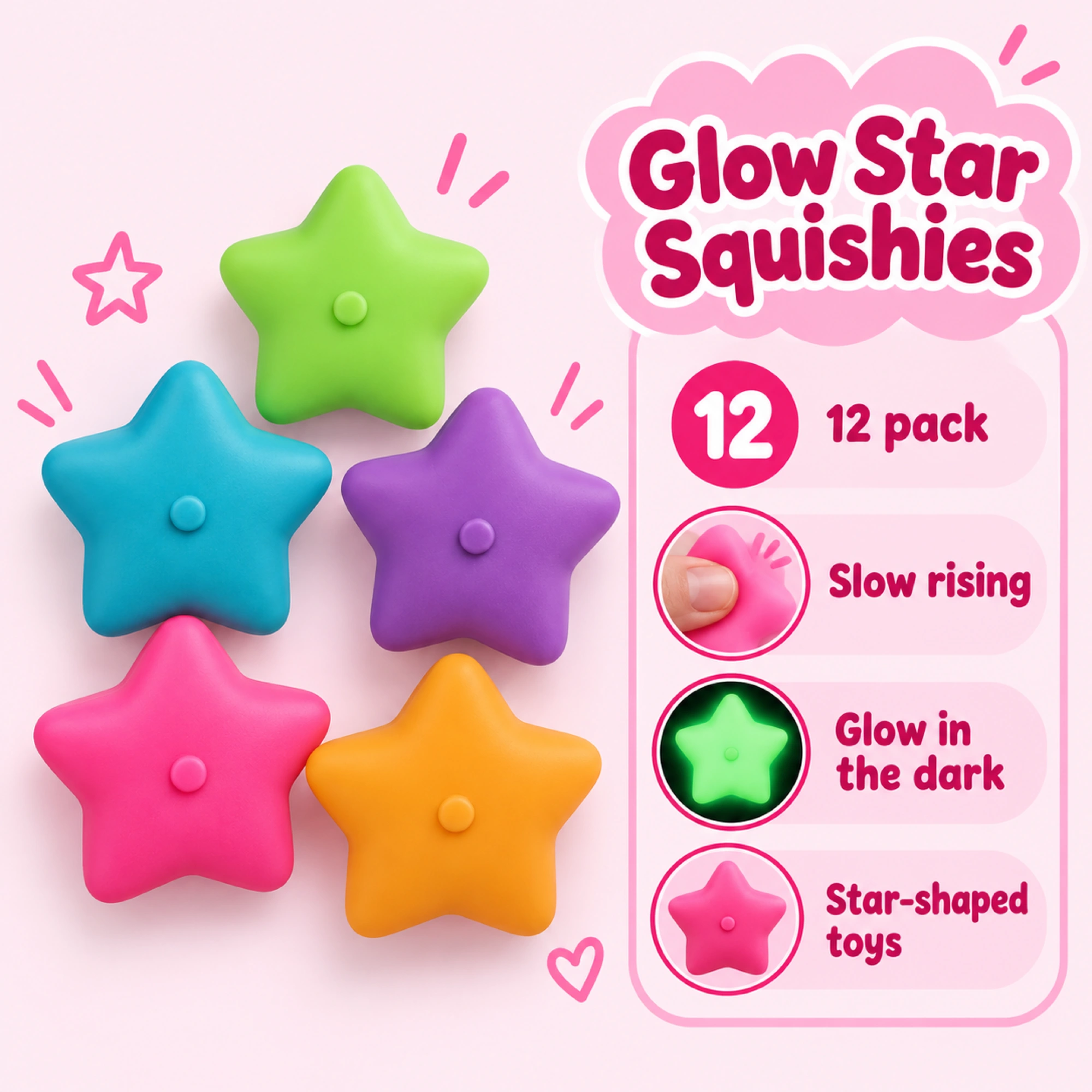 12 Pack Glow Star Squishy Balls - Slow Rising Sensory Fidget Toys — spec
