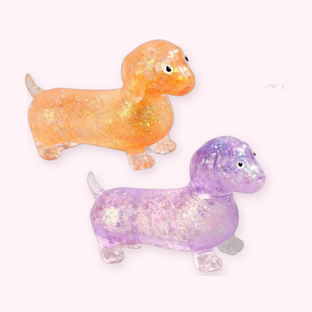Orange and purple sparkly dachshund dog squishy 2 pack