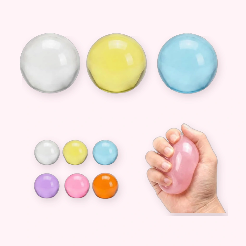 Bulk three pack clear yellow blue coconut squishy stress balls