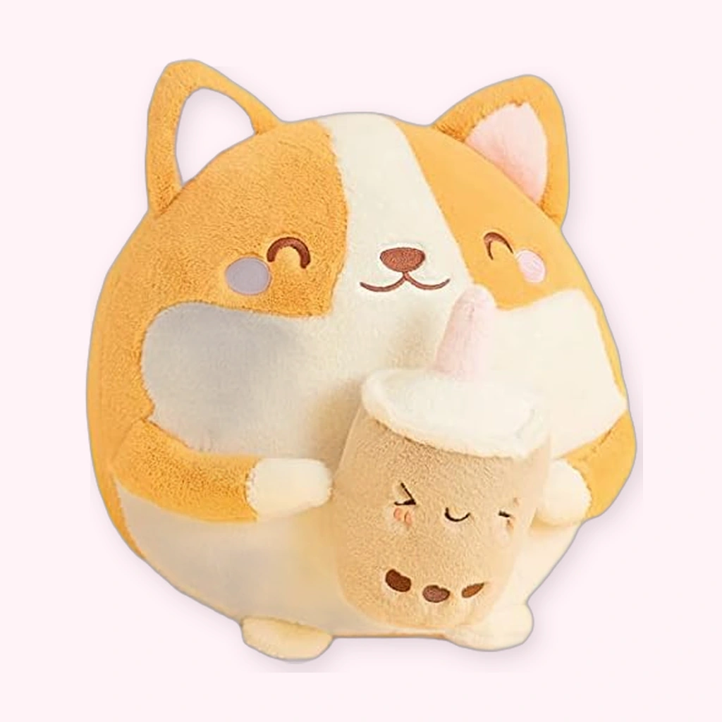 Corgi Boba Squishy Plush, Kawaii Puppy Hugging Milk Tea Cup