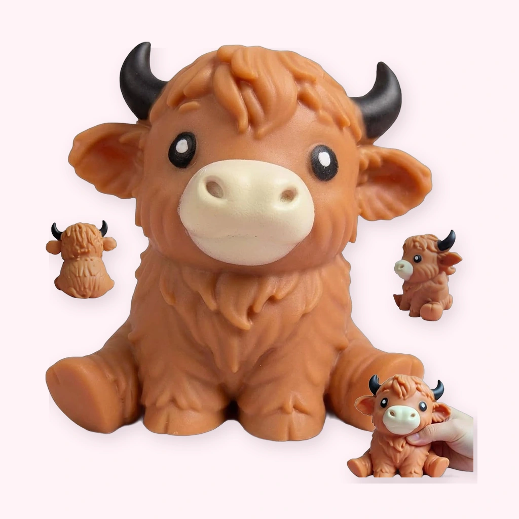Kuschel-Highland-Kuh-Squishy 15 cm — tiefbraunes Fell