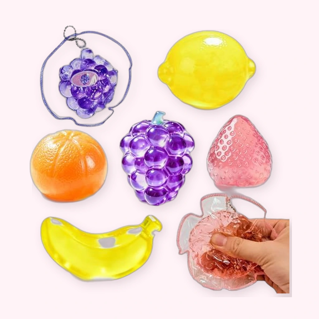 Frucht-Squishy 5er-Pack — Orange, Erdbeere, Banane, Zitrone, Traube