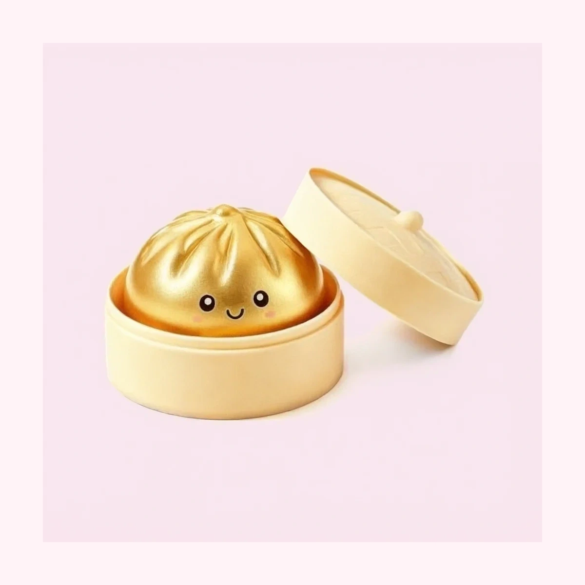 Golden Dumpling Squishy in Steamer Basket, Cute Smiley Toy