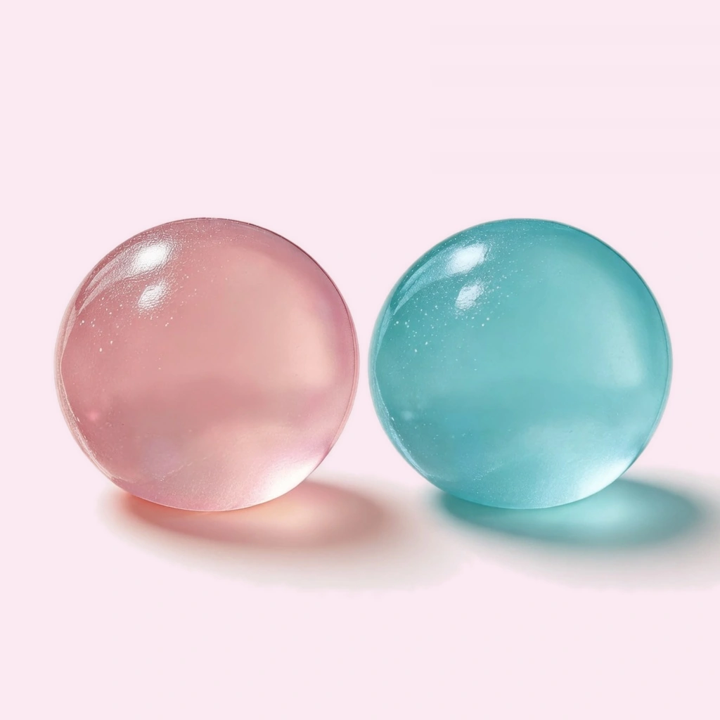 Handmade pink and teal coconut squishy slow rising stress balls