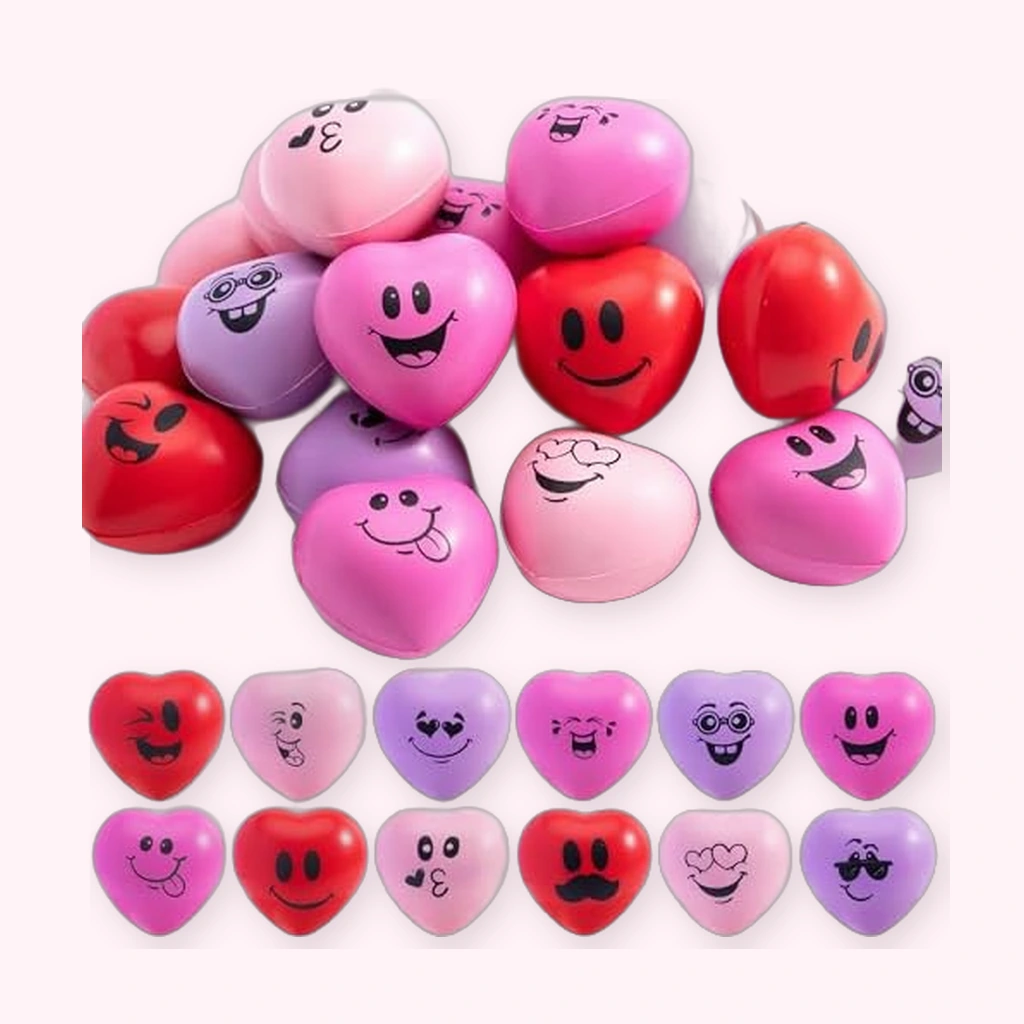 Bulk 30 pack of colorful smiley heart squishy stress balls