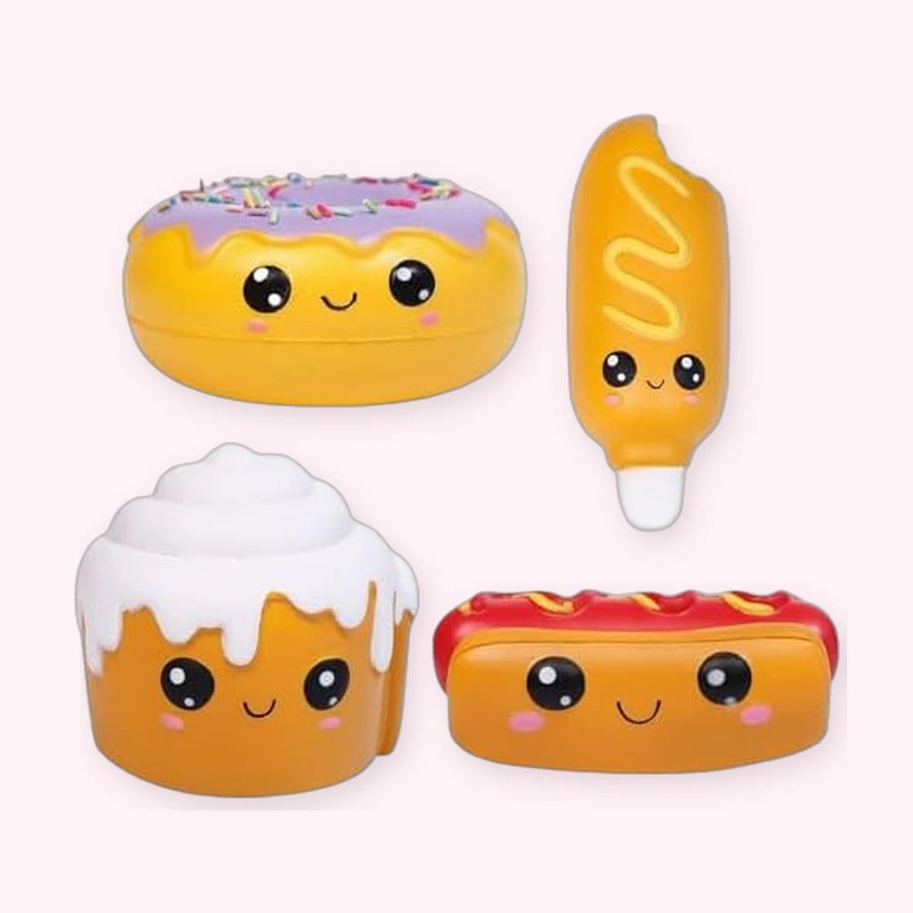 Hot dog and cake squishy 4 pack slow rising squeeze stress relief toy