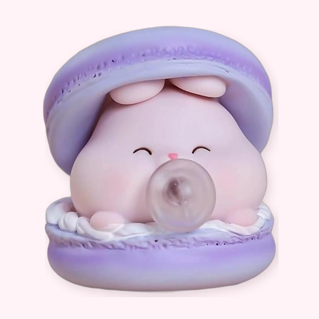 Purple macaron squishy with a cute bunny blowing a bubble