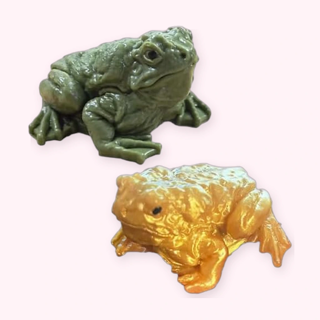 Lifelike frog squishy toad set in mossy green and golden tan