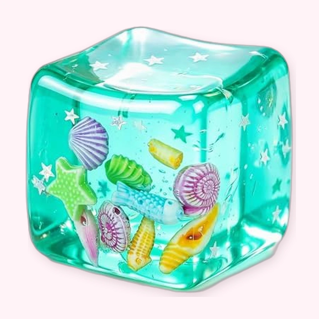 Translucent ocean jelly cube squishy filled with shells, starfish, seahorses and stars, squeezed by hands