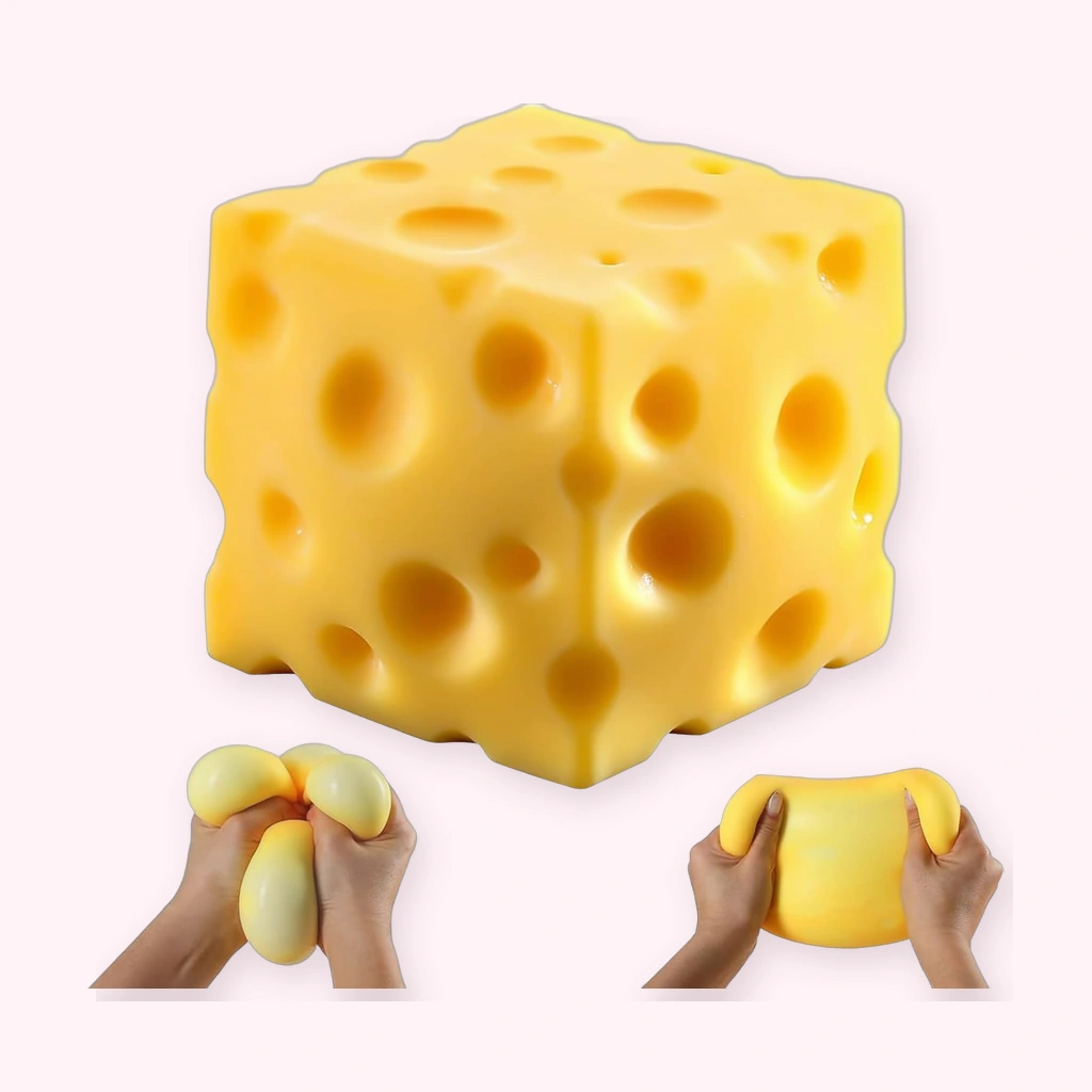 Small yellow cheese squishy cube with squeeze photos on white