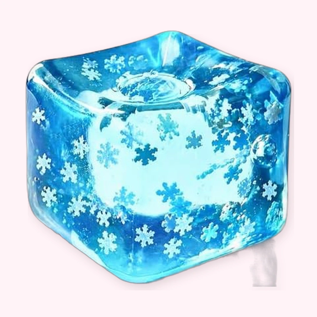 Crystal-clear blue snowflake ice cube squishy jelly squeeze toy being held and squeezed