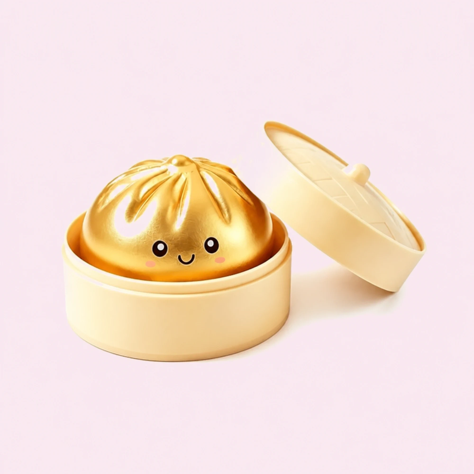 Golden Dumpling Squishy in Steamer Basket, Cute Smiley Toy — alternate view