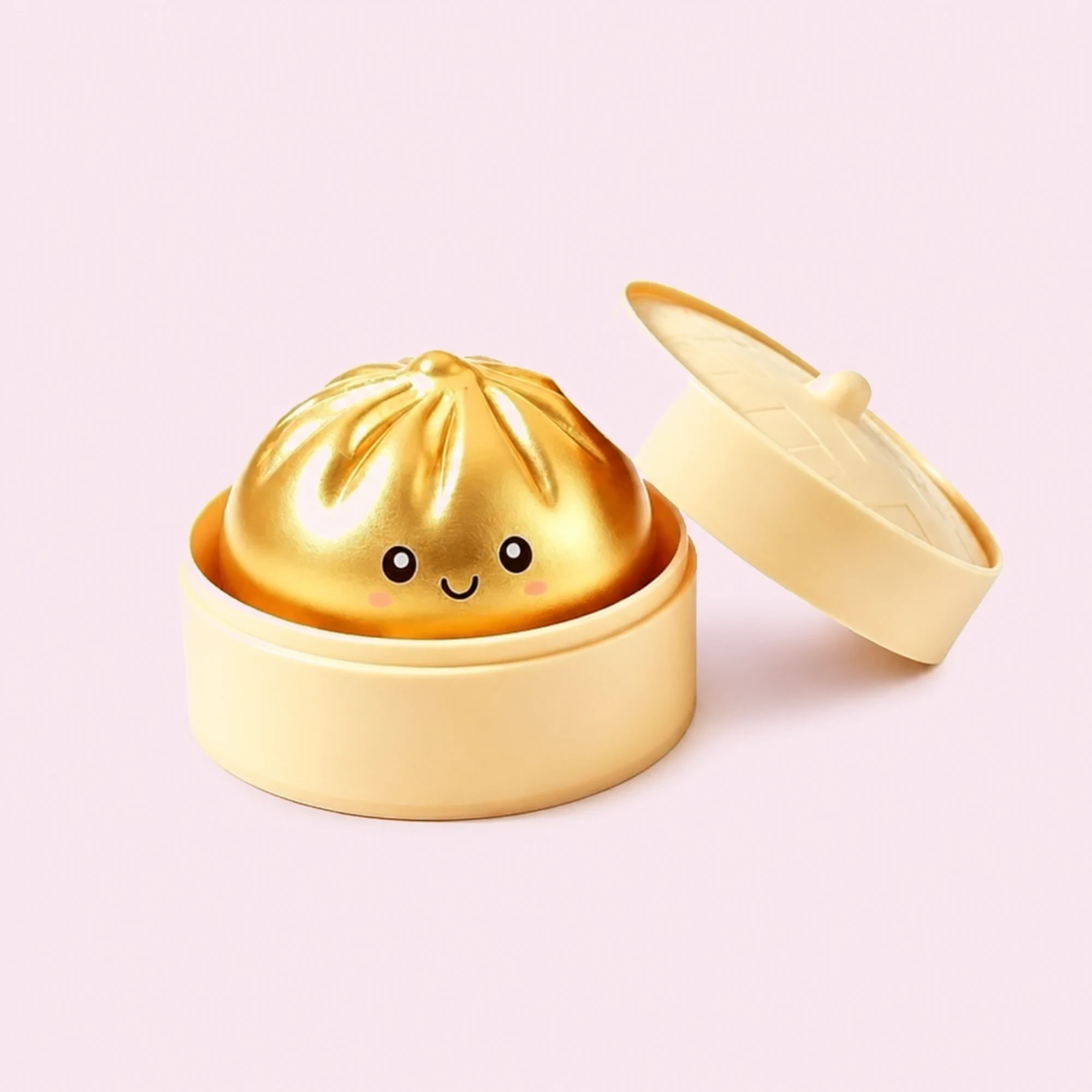 Golden dumpling squishy — front side and top views