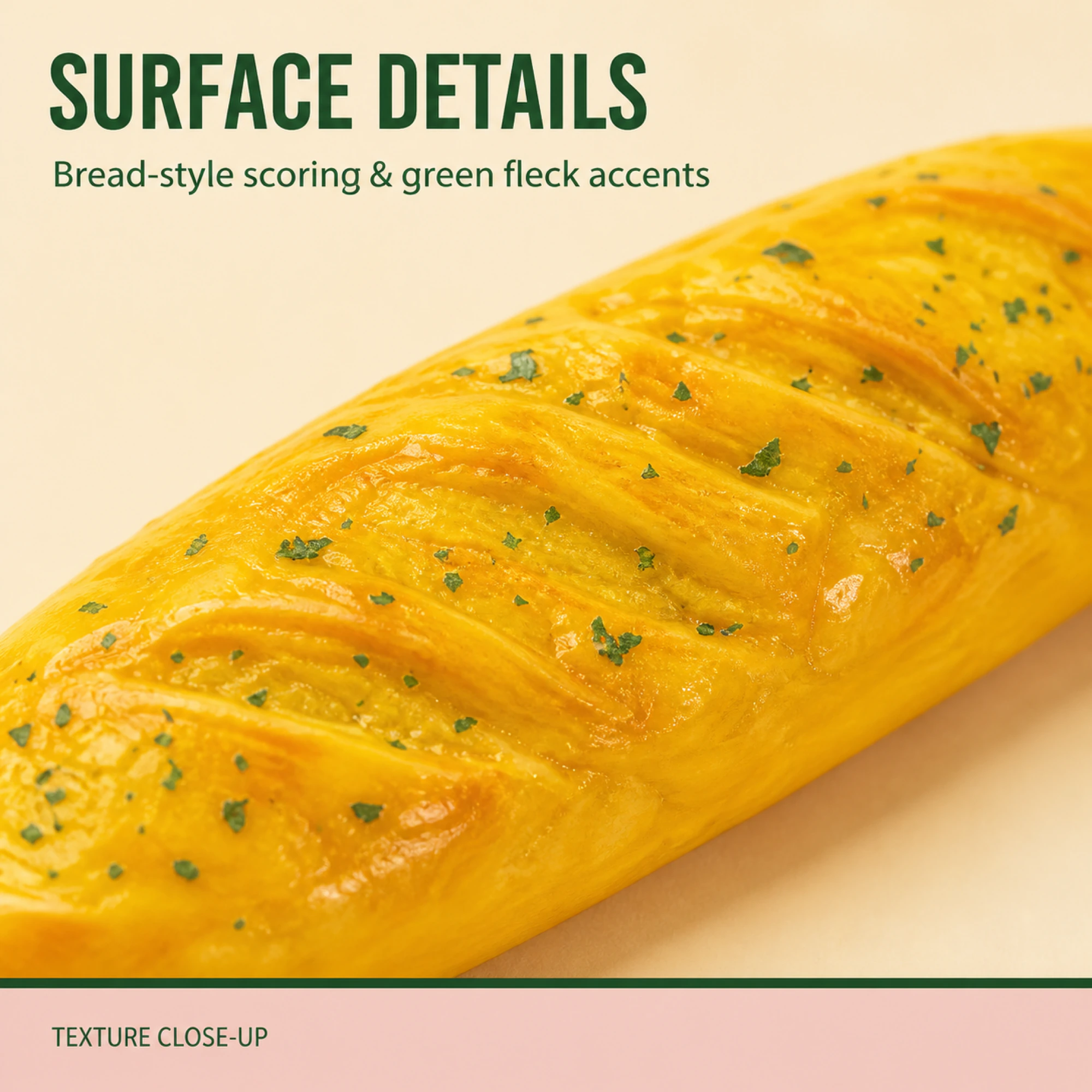 Goldenes Baguette-Squishy mit grünen Akzenten — mit Detailansicht der Oberfläche