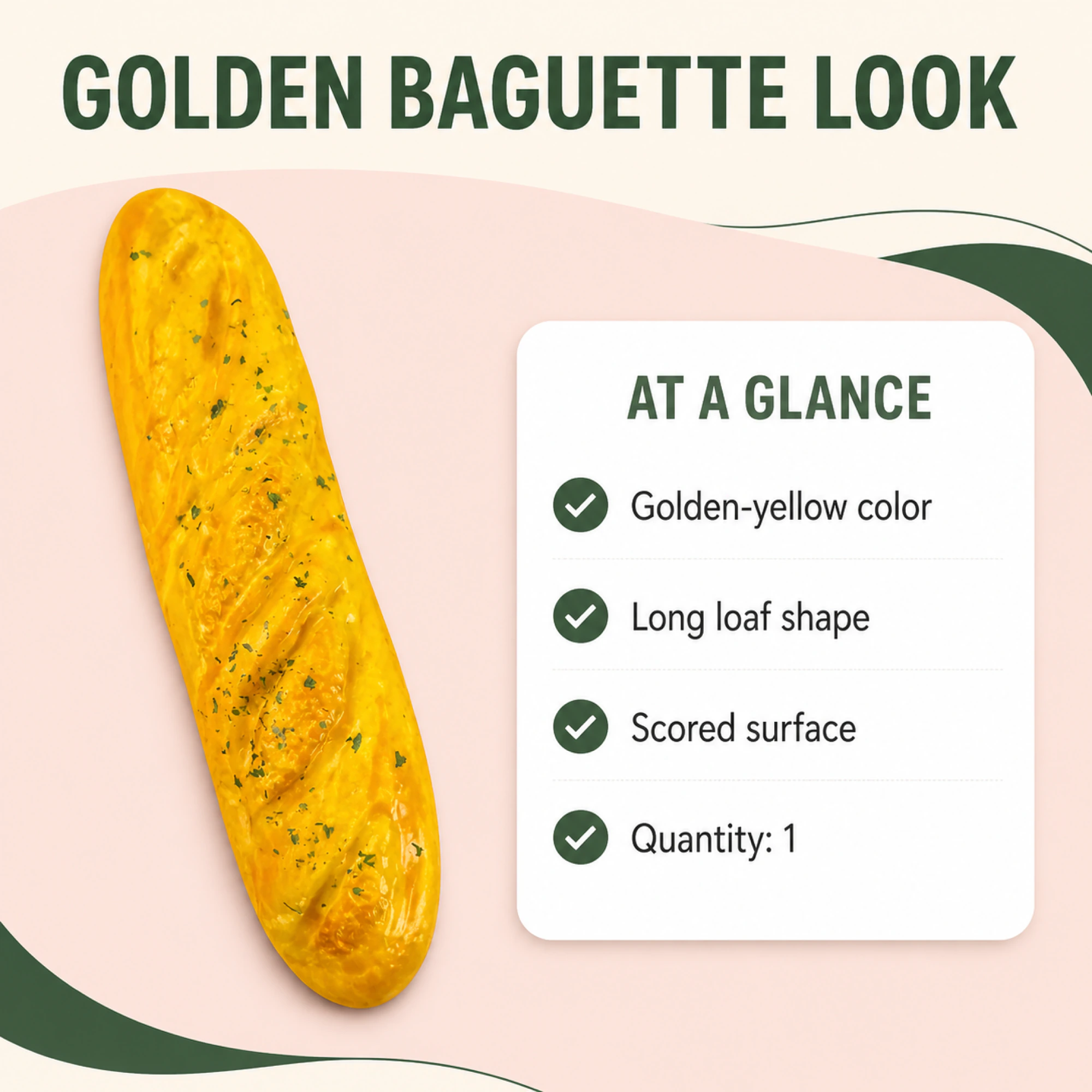 Goldenes Baguette-Squishy mit grünen Akzenten — mit Design-Details