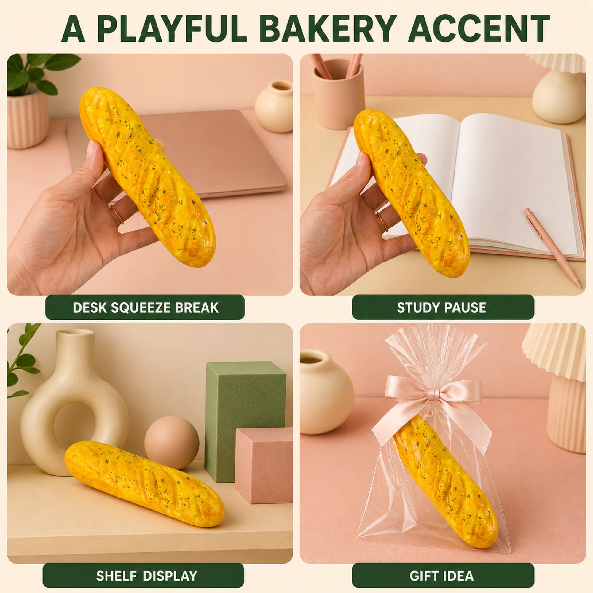 Goldenes Baguette-Squishy mit grünen Akzenten — in Alltagsszenen