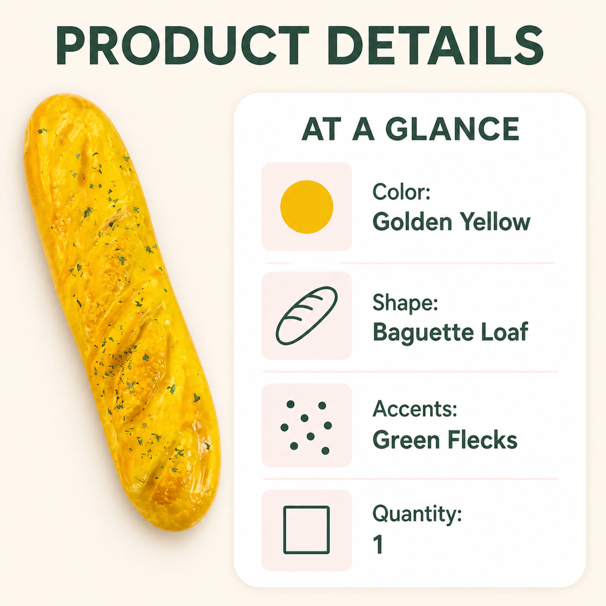 Goldenes Baguette-Squishy mit grünen Akzenten — mit Produktangaben