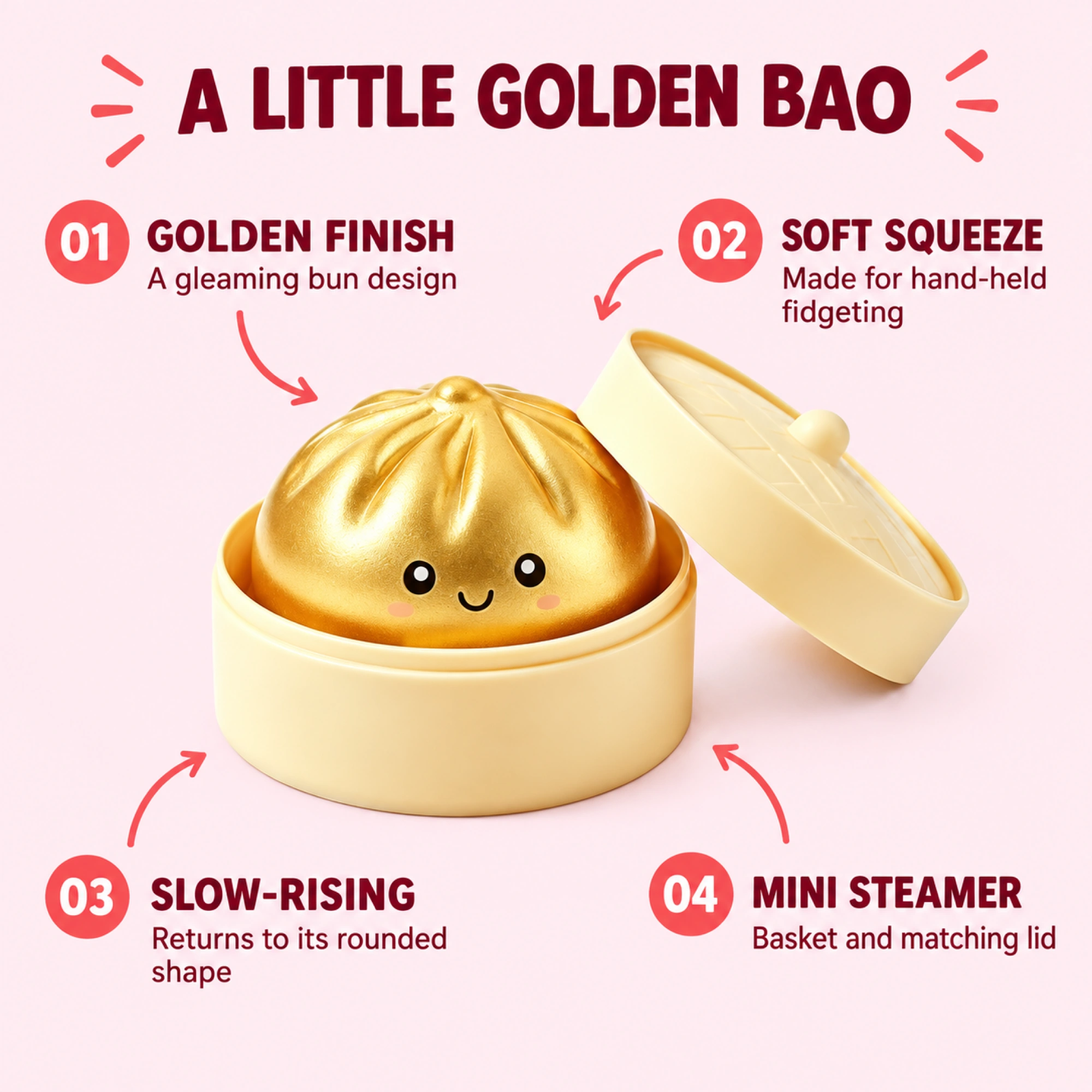 Golden smiley bao squishy — golden finish, soft squeeze, slow rise and mini steamer