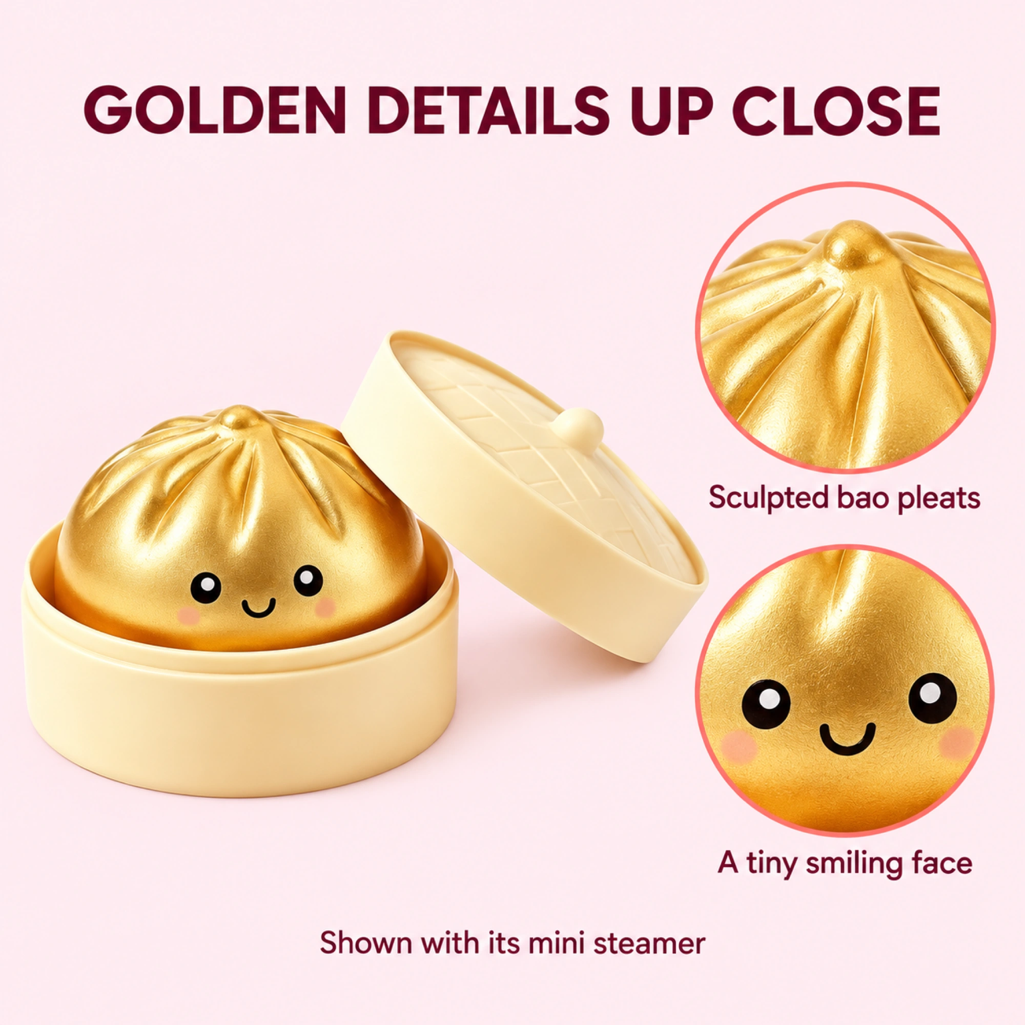 Golden dumpling squishy — complete bao with sculpted pleats and smiling face close-ups