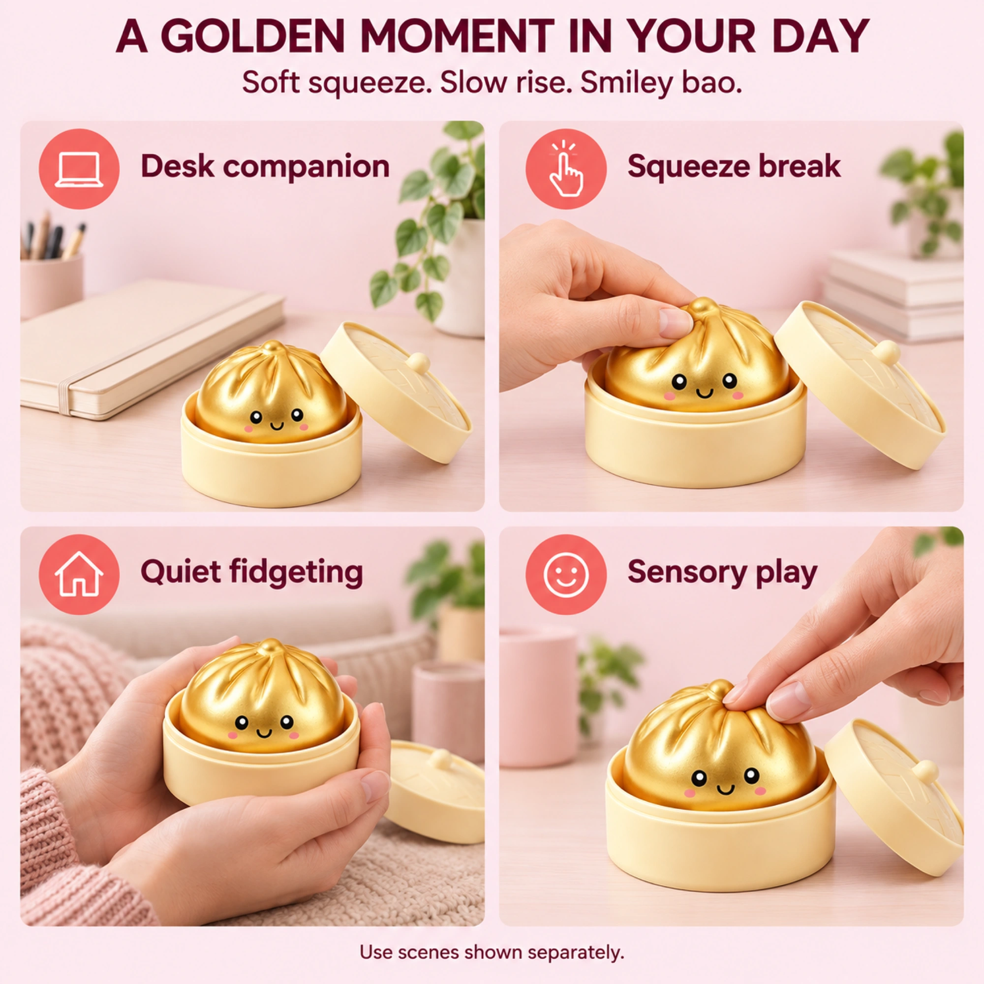 Golden dumpling squishy — separate desk, squeeze, quiet fidgeting and sensory play scenes