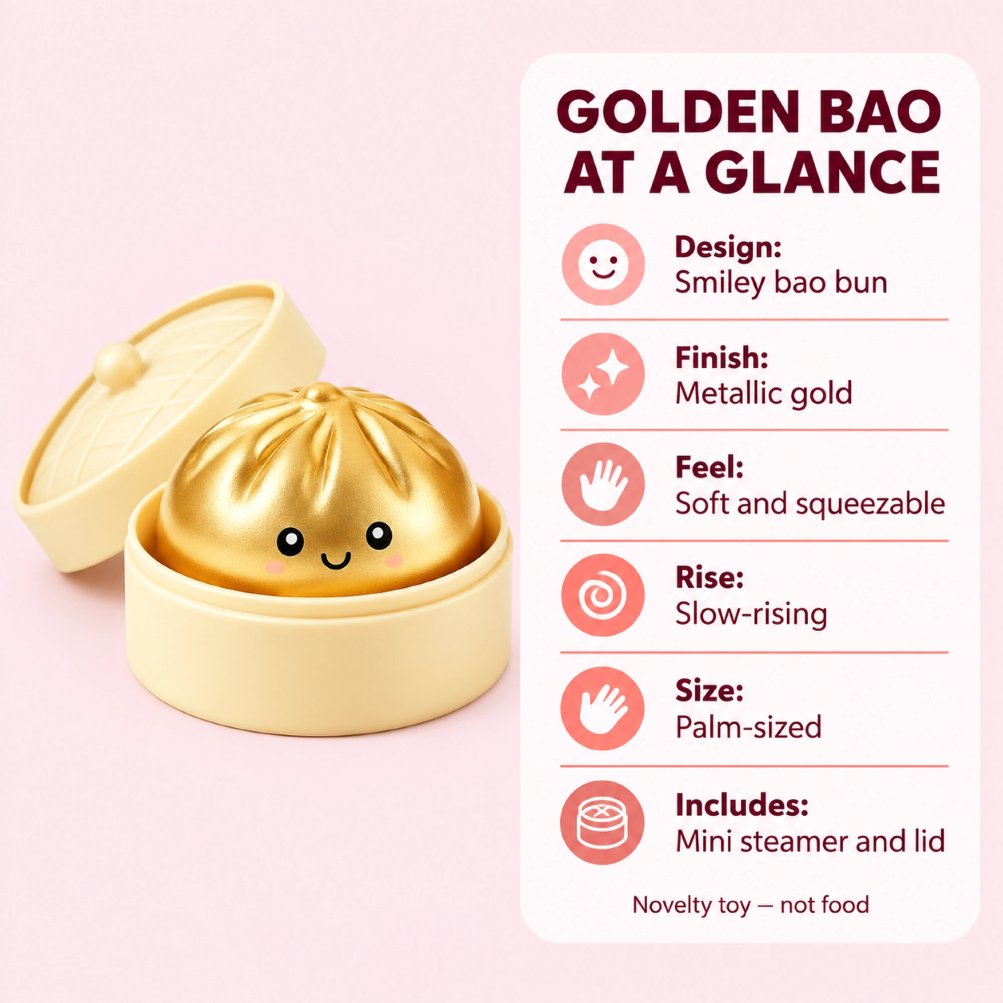 Golden bao squishy facts — soft slow-rising toy with mini steamer and lid