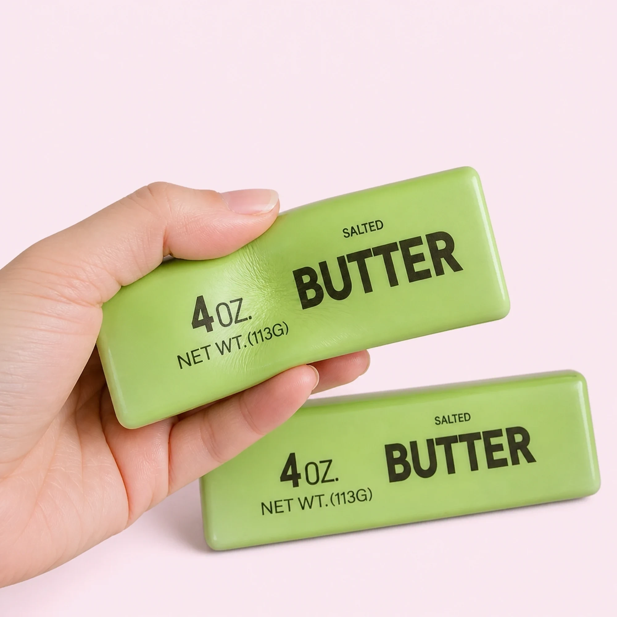 Green butter brick squishy — desk companion scene